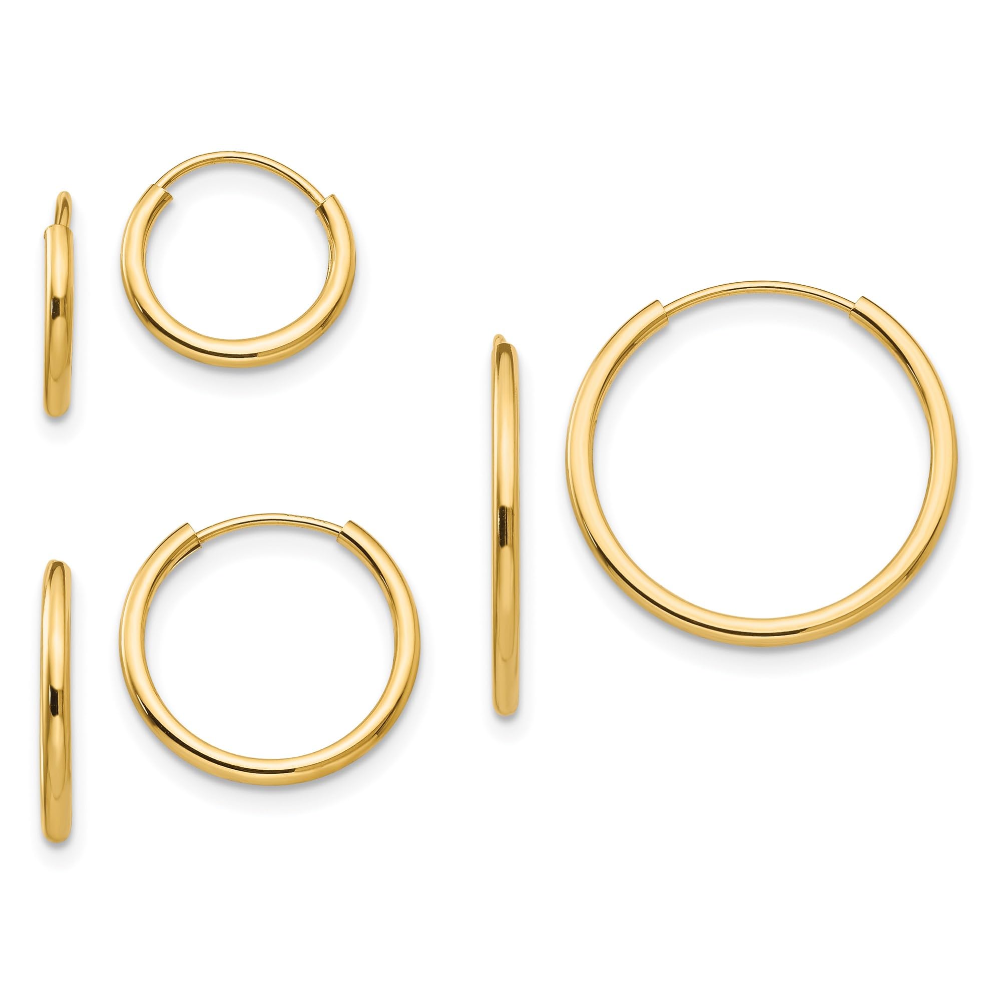 14K Solid Yellow Gold Endless Hoop Earrings Set of 3 Pairs - Classic Minimalist Jewelry for Everyday Wear, Gift Giving & Special Occasions