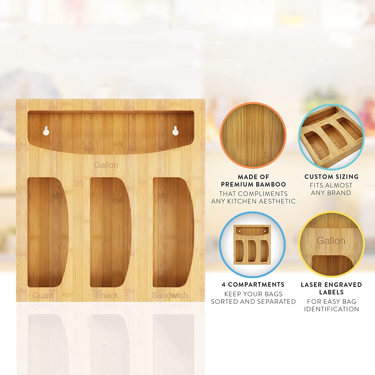 Bamboo Kitchen Drawer Organizer for Food Storage Bags - 4-Slot Holder for Gallon, Quart, Sandwich & Snack Bags (Fits Solimo, Glad, Hefty) - Perfect for Pantry Organization & Easy Bag Access
