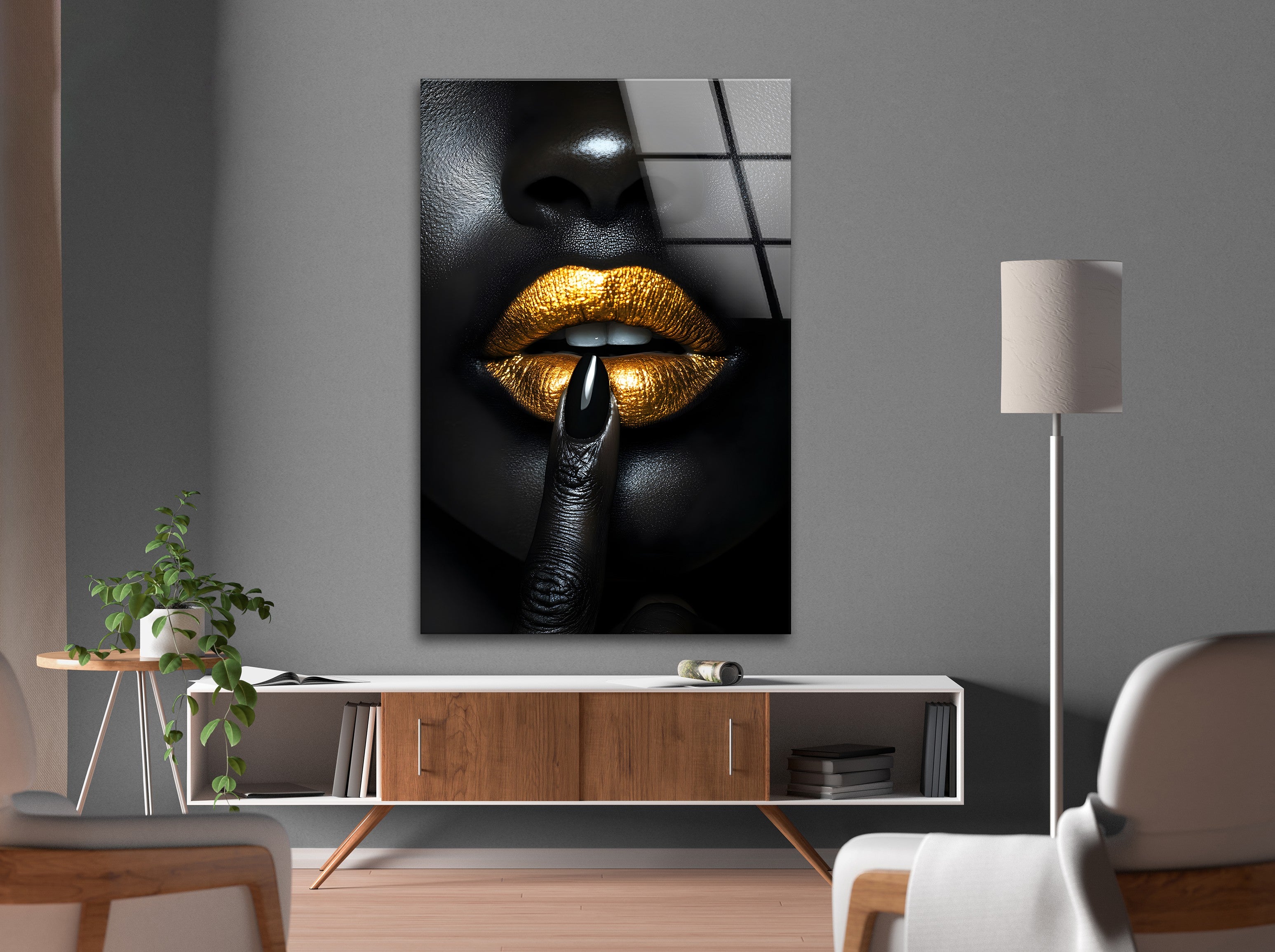 Black and Gold Lips Wall Art - Bold & Striking Glass Wall Decor for Living Room, Bedroom & Office | Modern Home Decor & Unique Gift Idea