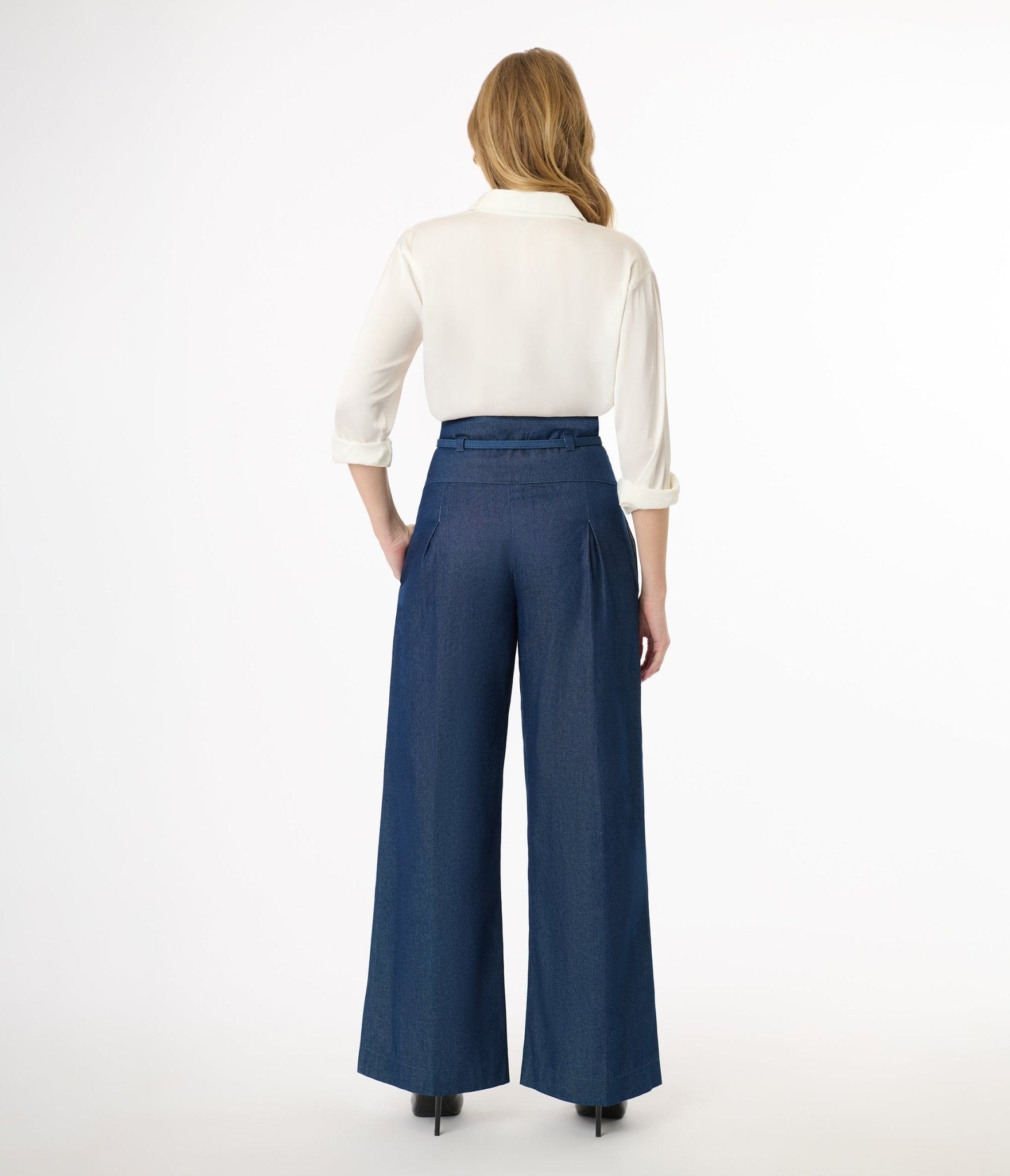 Vintage Denim Wide Leg Pleated Pants for Women - Retro High Waisted Flared Trousers with Pockets | Casual, Office & Party Outfit Ideas