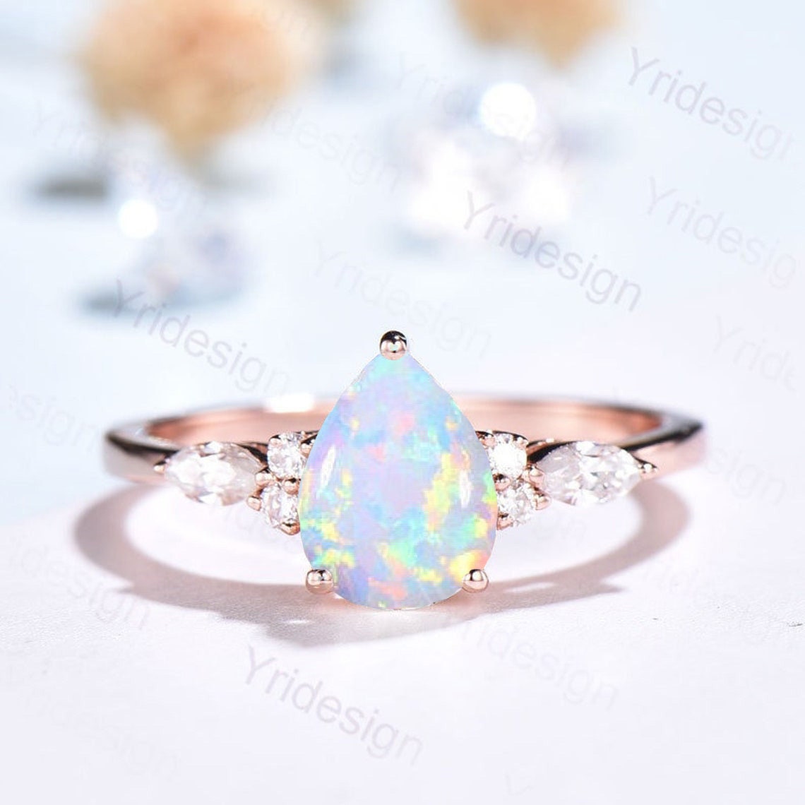 Vintage Pear-Shaped Opal & Ruby Engagement Ring in Rose Gold - 7-Stone Cluster Promise Ring, October Birthstone Jewelry for Women - Perfect for Anniversaries, Weddings & Special Occasions