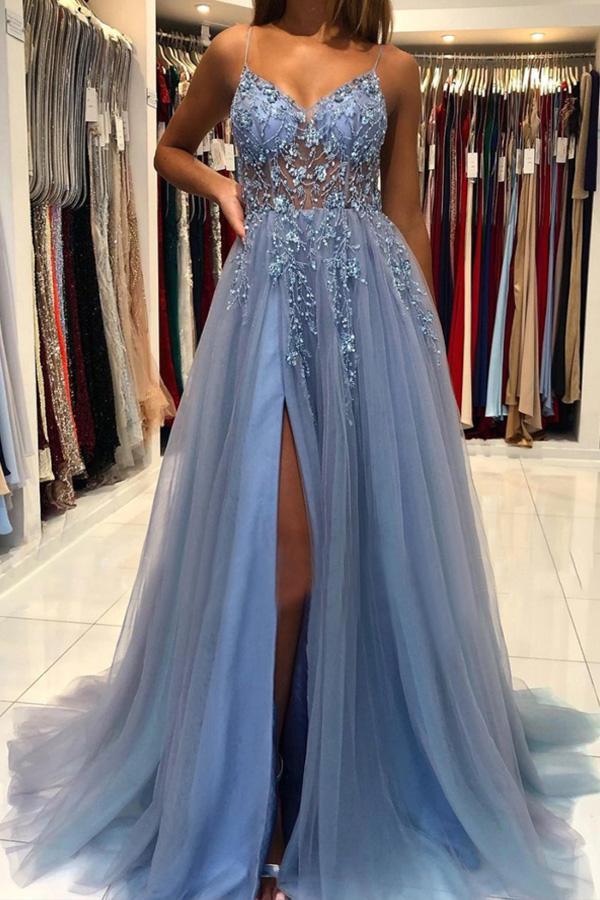 Elegant A-Line V-Neck Blue Tulle Long Prom Dress with Beading - Perfect for Evening Gala, Homecoming, and Formal Events | TP1014
