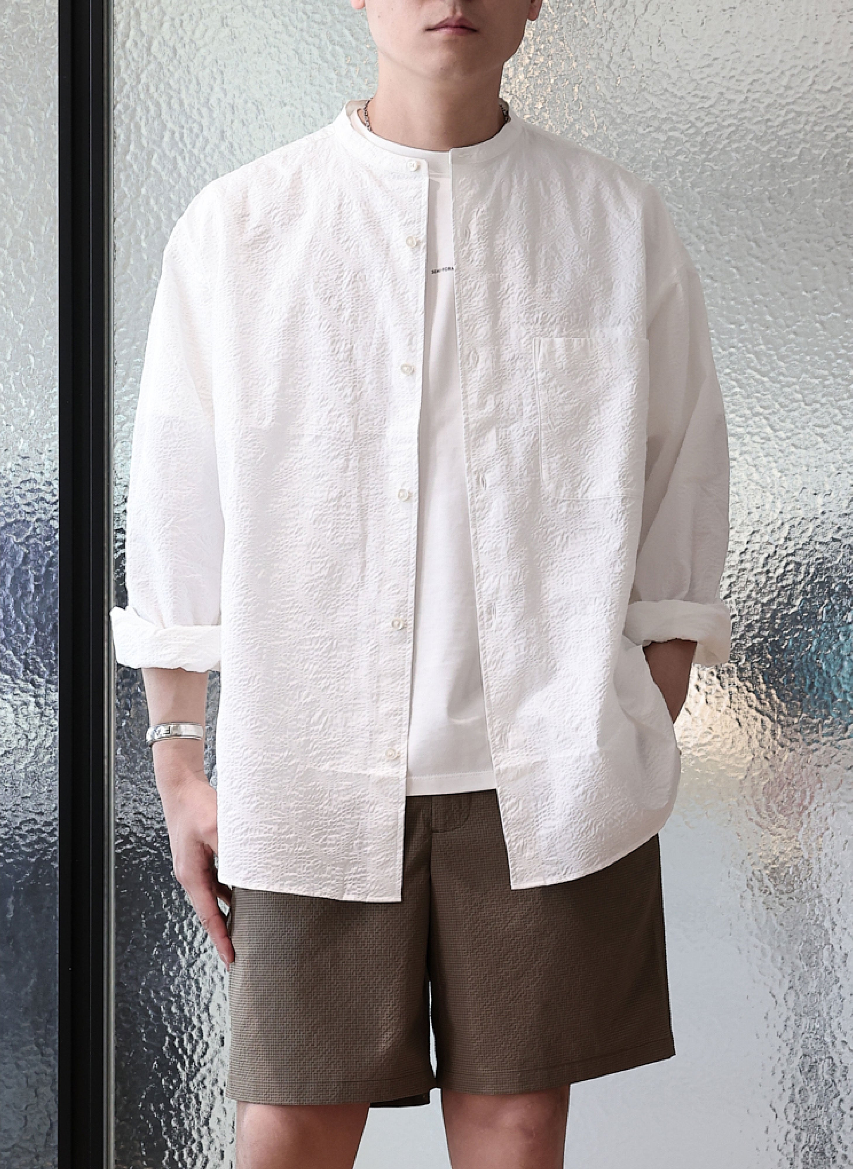 Men's Cotton Seersucker Stand Collar Classic Shirt - Breathable Summer Casual Button Down for Office, Beach & Outdoor Activities