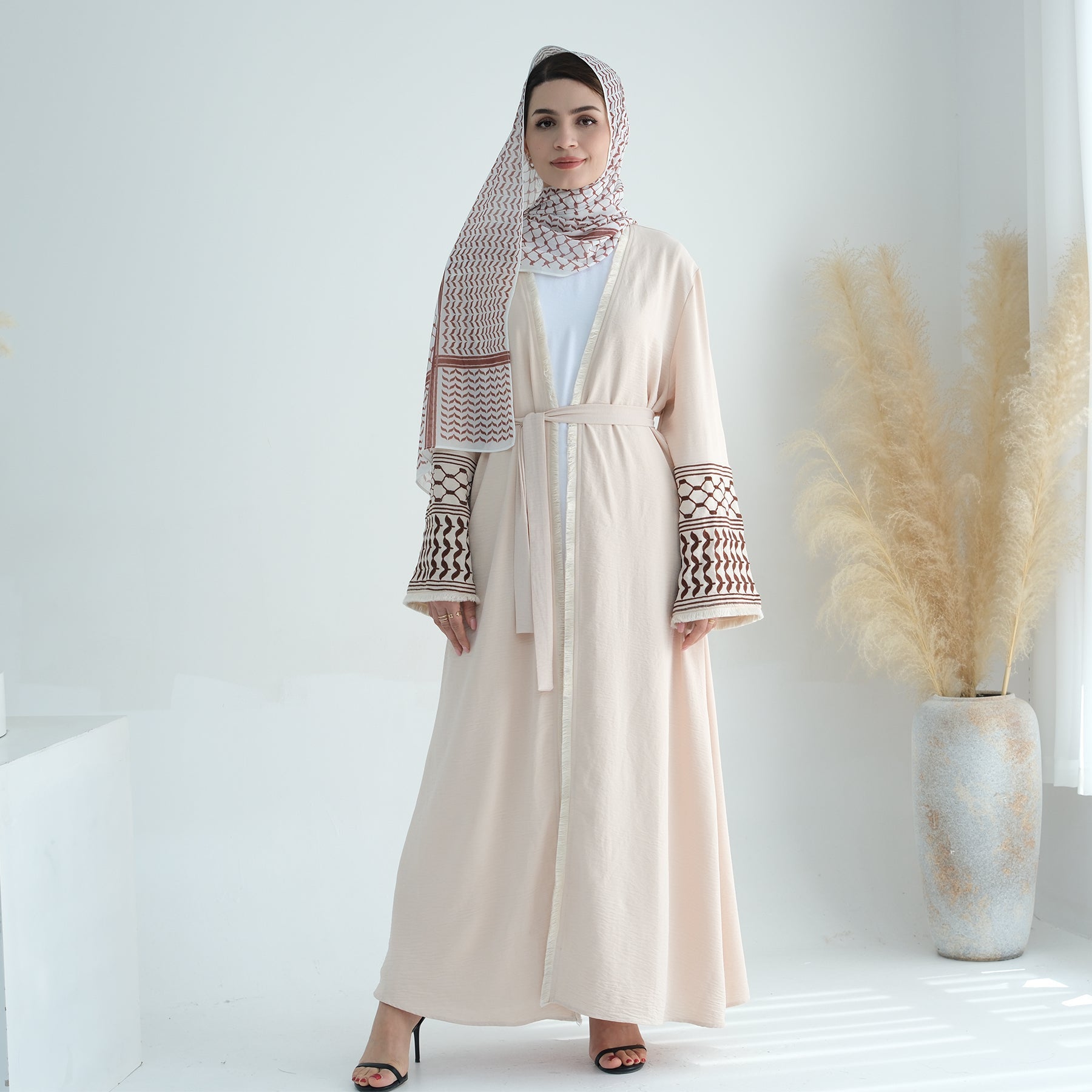 Elegant Kufiya Open Abaya Set in Sand Color - Modest Muslim Prayer Dress for Women - Perfect for Eid, Ramadan & Special Occasions