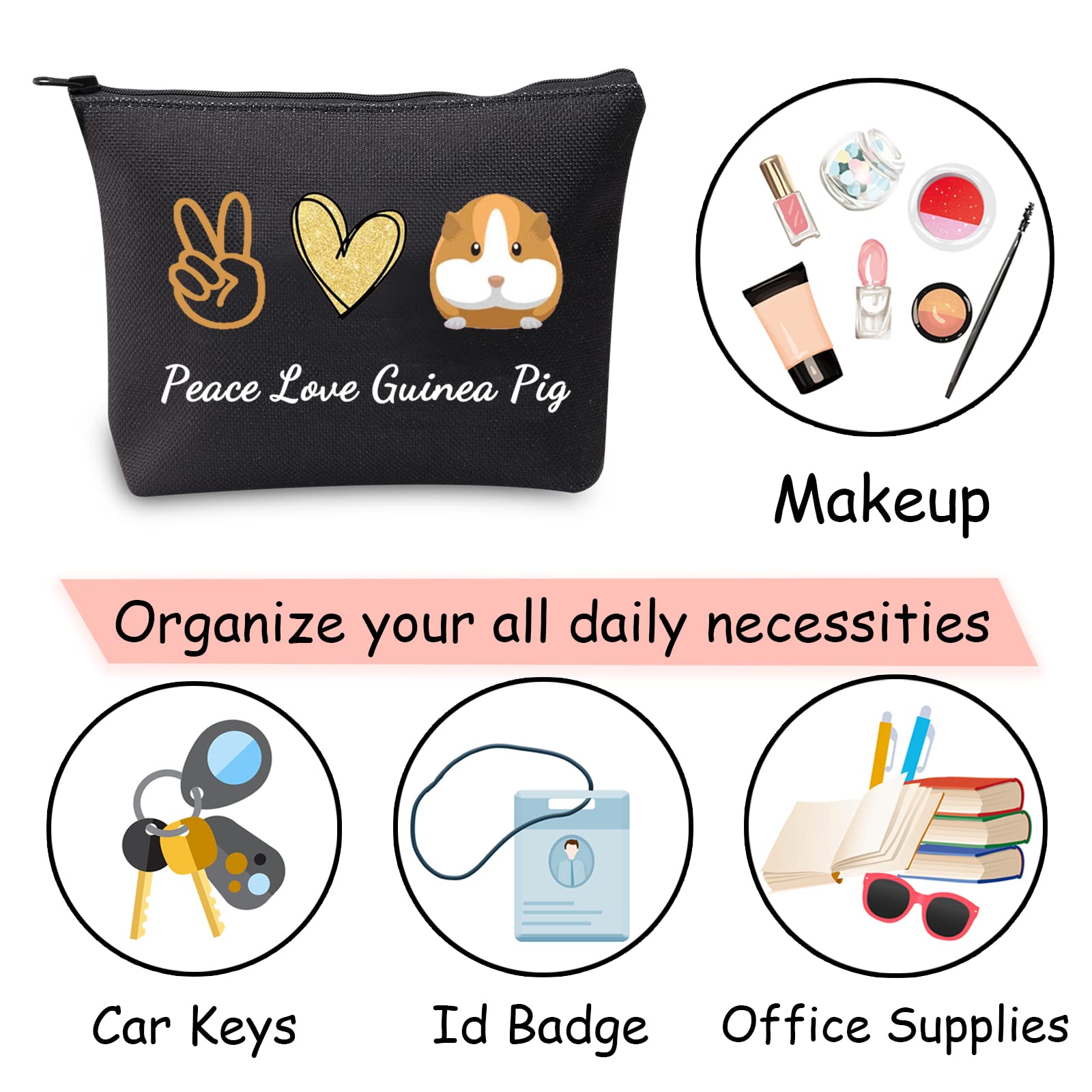 Guinea Pig Makeup Bag with Zipper - Cute Cavy Themed Cosmetic Pouch for Guinea Pig Lovers | Perfect Gift for Pet Owners, Travel & Daily Makeup Storage (Black)