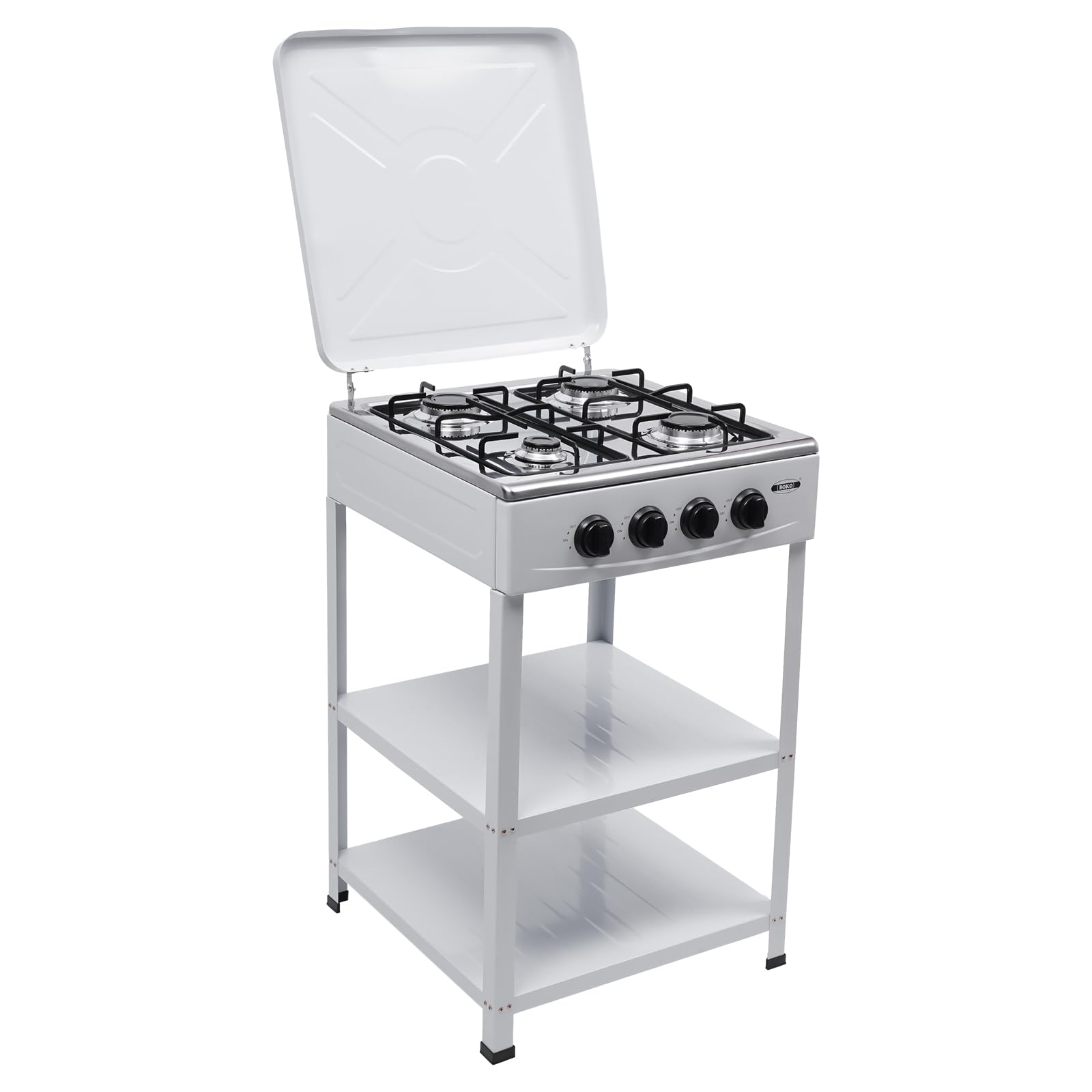 4 Burner Gas Stove - Heavy Duty Portable Outdoor Propane Stove with Wind Blocking Cover, Double Storage Shelves & Independent Knobs - Perfect for Camping, BBQ, Picnics & Backyard Cooking (White)