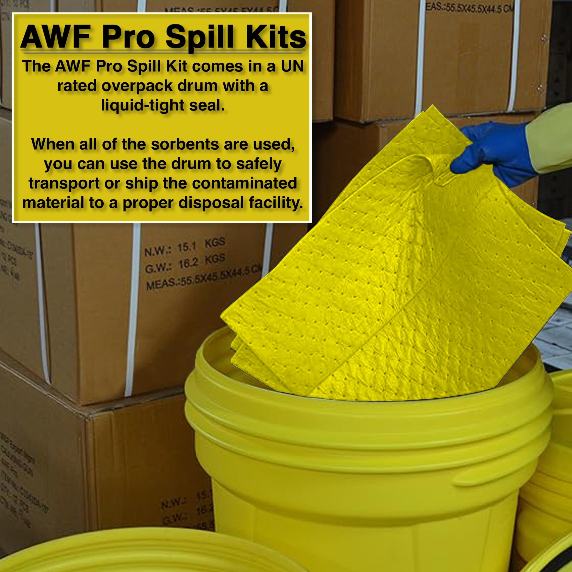 AWF PRO 20 Gallon Spill Kit - 59 Piece Oil Absorbent Kit for Coolants, Solvents & Water - Includes DOT Approved 20g Drum, Socks, Pads, Pillows & Accessories - Ideal for Workshop, Garage & Industrial Spill Cleanup (Hazmat Spill Kit)