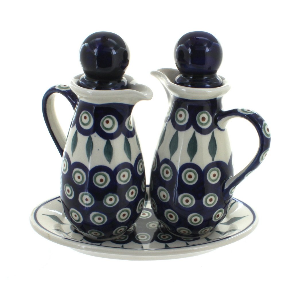 Handmade Blue Rose Polish Pottery Peacock Oil & Vinegar Cruet Set - Elegant Kitchen Decor & Perfect Gift for Housewarming, Wedding & Dinner Parties