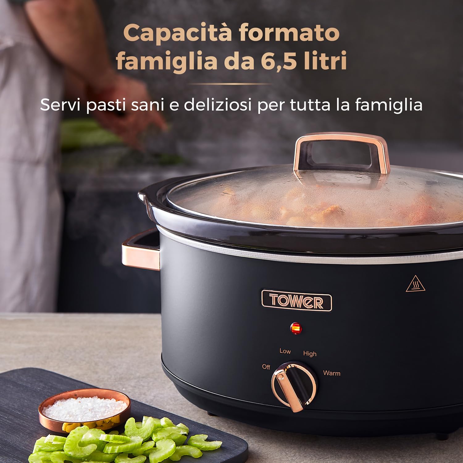 6.5 Quart Slow Cooker with 3 Heat Settings, Cool-Touch Handles, Black & Rose Gold - Perfect for Family Dinners, Meal Prep & Entertaining