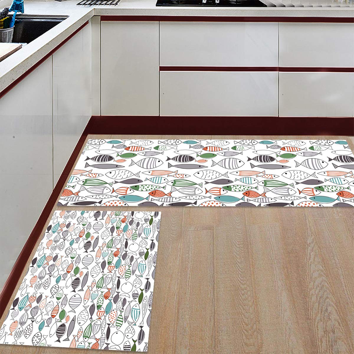 Non-Slip Kitchen Rugs Set of 2 - Colorful Cartoon Fish Design Waterproof Floor Mats for Kitchen, Living Room & Laundry Room | 23.6x35.4in + 23.6x70.9in | Cushioned Runner Rug for Home Decor & Safety