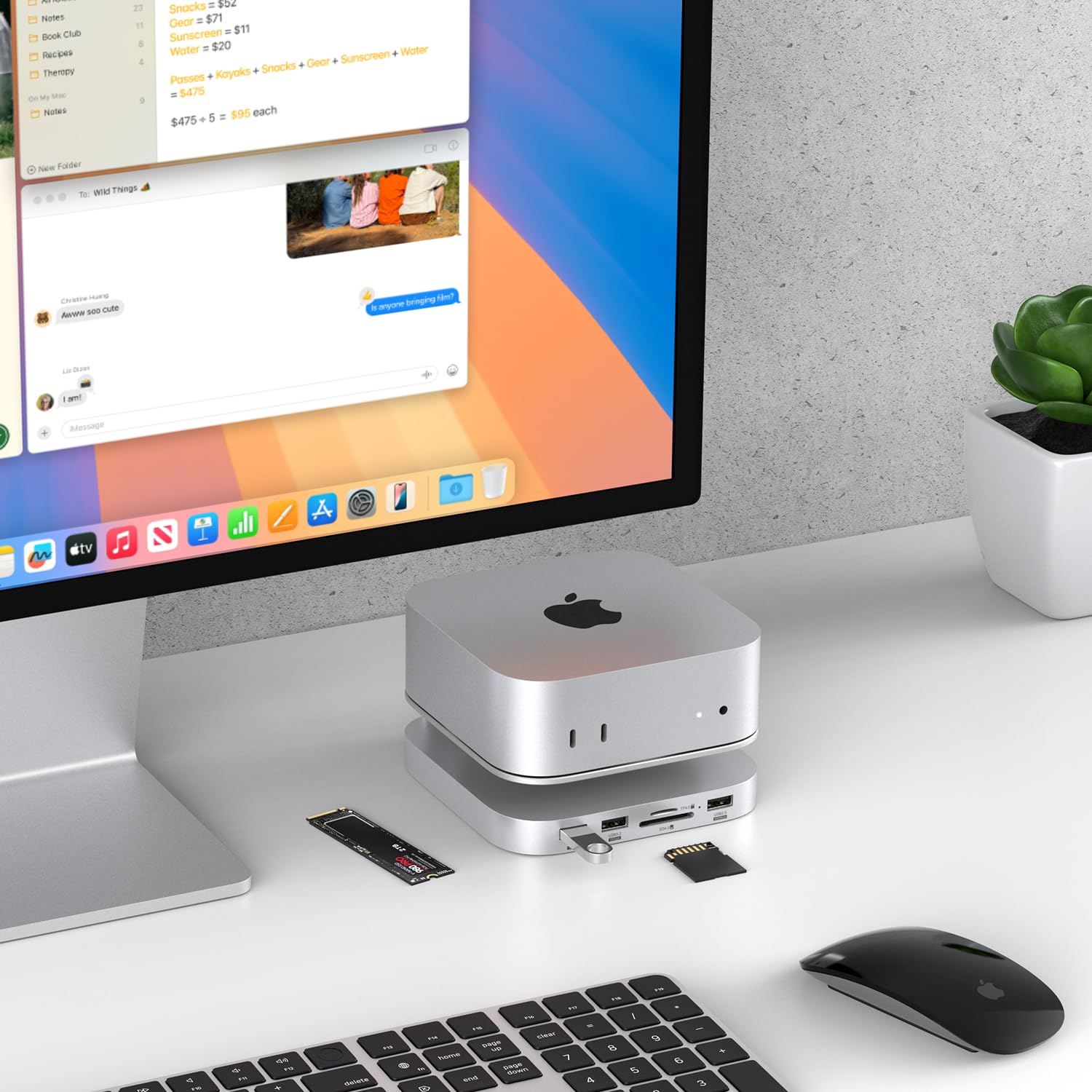 Aluminum Mac Mini Stand & Hub for Mac Mini M4/M4 Pro 2024 - M.2 NVMe SSD Enclosure, 2x USB-A 10Gbps, SD/TF Card Readers, USB 2.0 (Silver) | Perfect for Home Office, Gaming & Creative Workstations