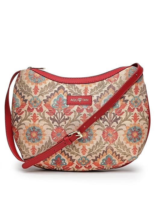 Vegan Leather & Canvas Crossbody Sling Bag for Women - Handmade Block Printed, Dark Red - Perfect for Travel, Shopping & Everyday Use