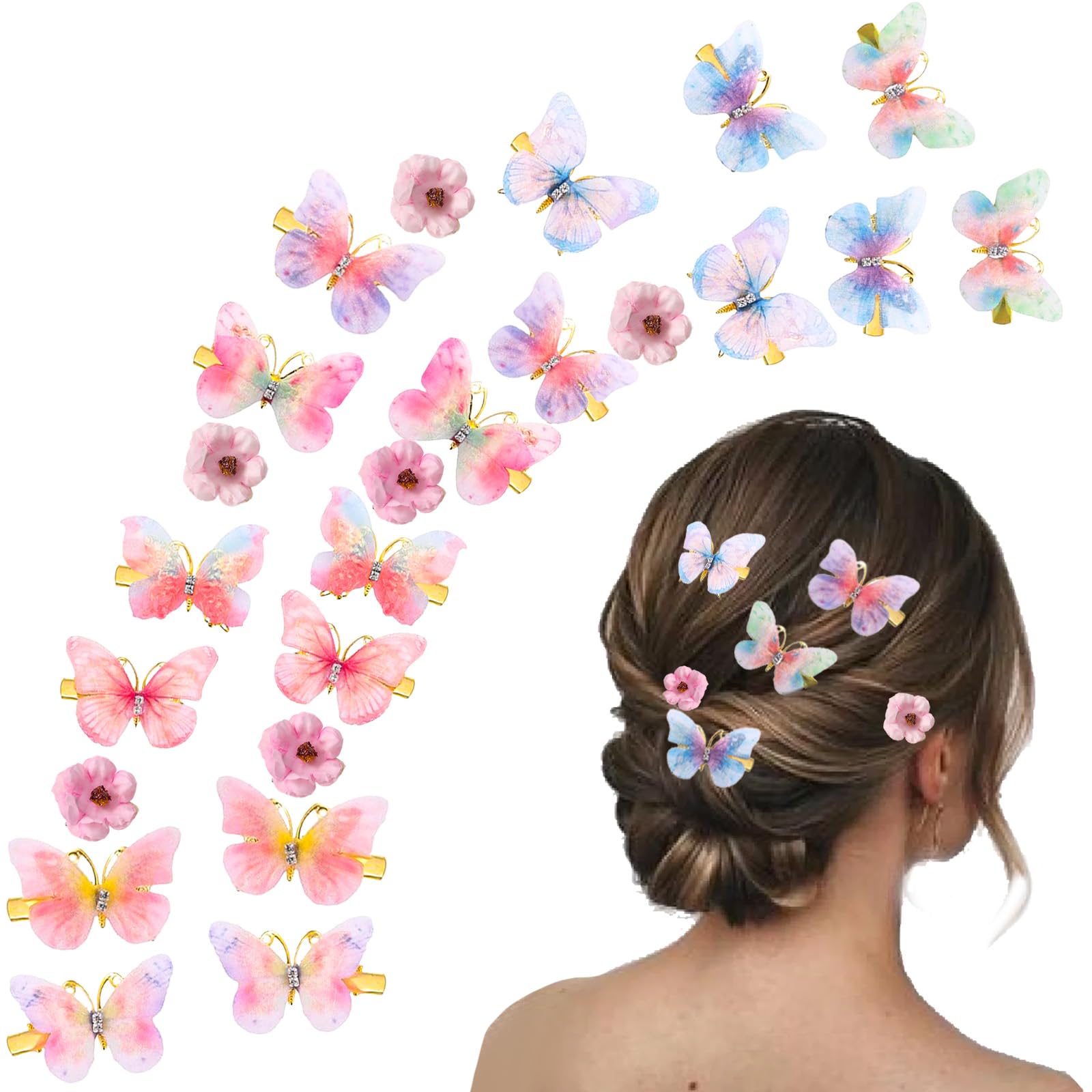 24Pcs Glitter Butterfly & Flower Hair Clips for Girls - Realistic Handmade 90s Hair Accessories (Pink) | Perfect for School, Parties, and Everyday Styling