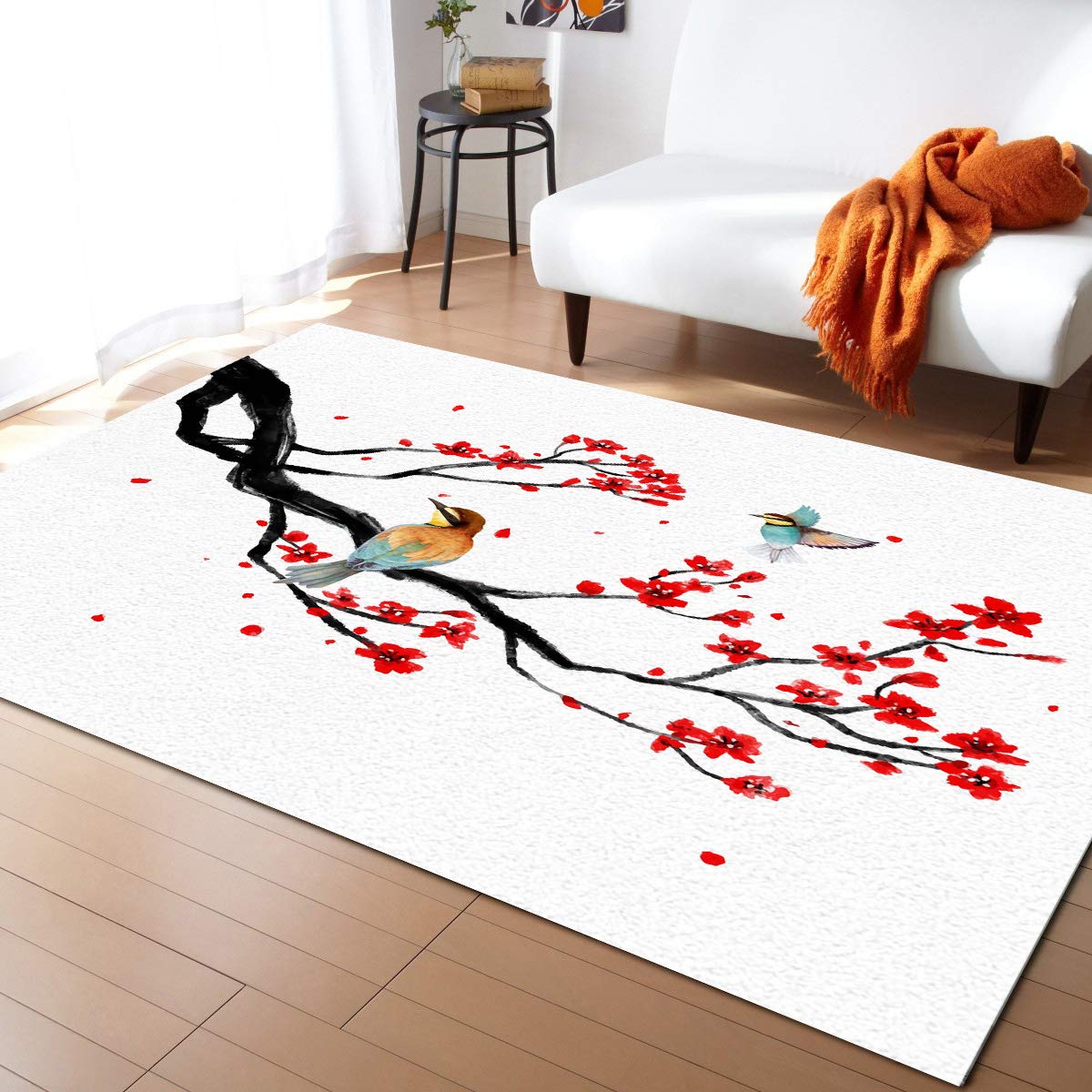 LBDecor 5x7ft Vintage Floral Bird Area Rug - Non-Slip Indoor/Outdoor Carpet for Living Room, Bedroom, Nursery - Peach Blossom Design | Perfect for Boho Home Decor & Cozy Spaces