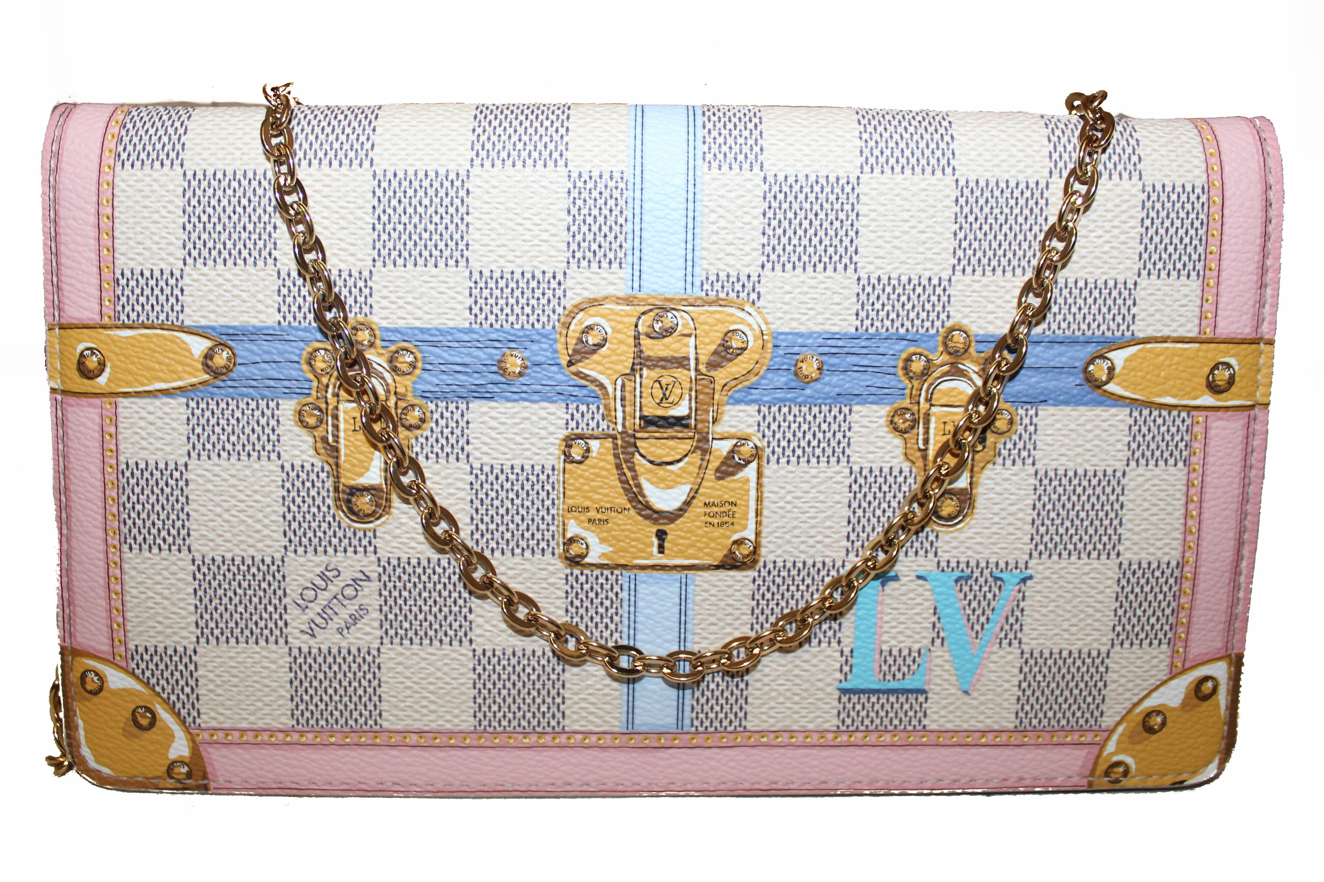 Authentic Louis Vuitton Damier Azur Canvas Weekend Shoulder Bag with Gold Chain Strap - Luxury Crossbody Purse for Women, Perfect for Travel, Shopping & Evening Events