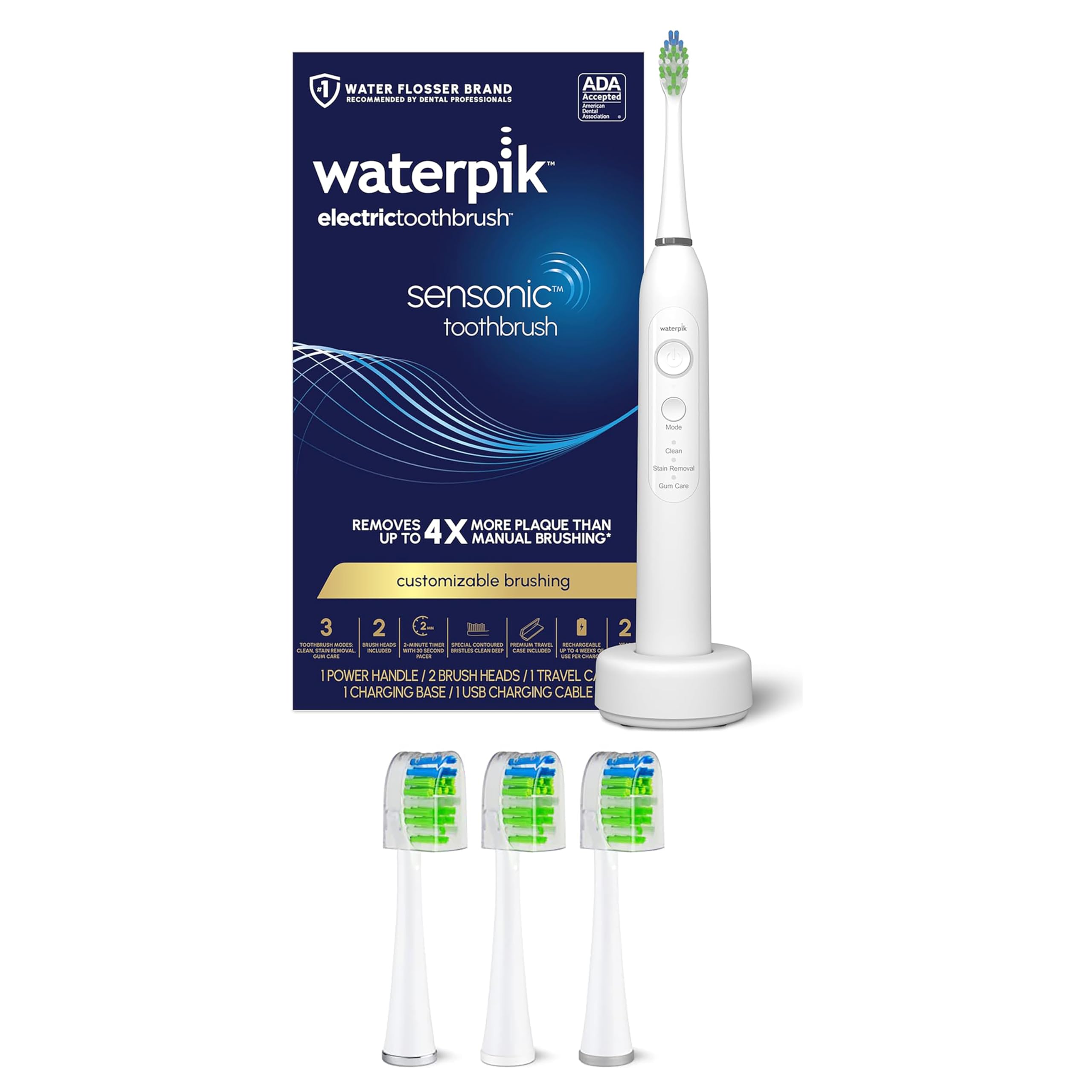 Waterpik Sensonic Electric Toothbrush - Professional Oral Care with 3 Genuine Sensonic Contour Brush Heads for Deep Cleaning - Perfect for Travel & Home Use