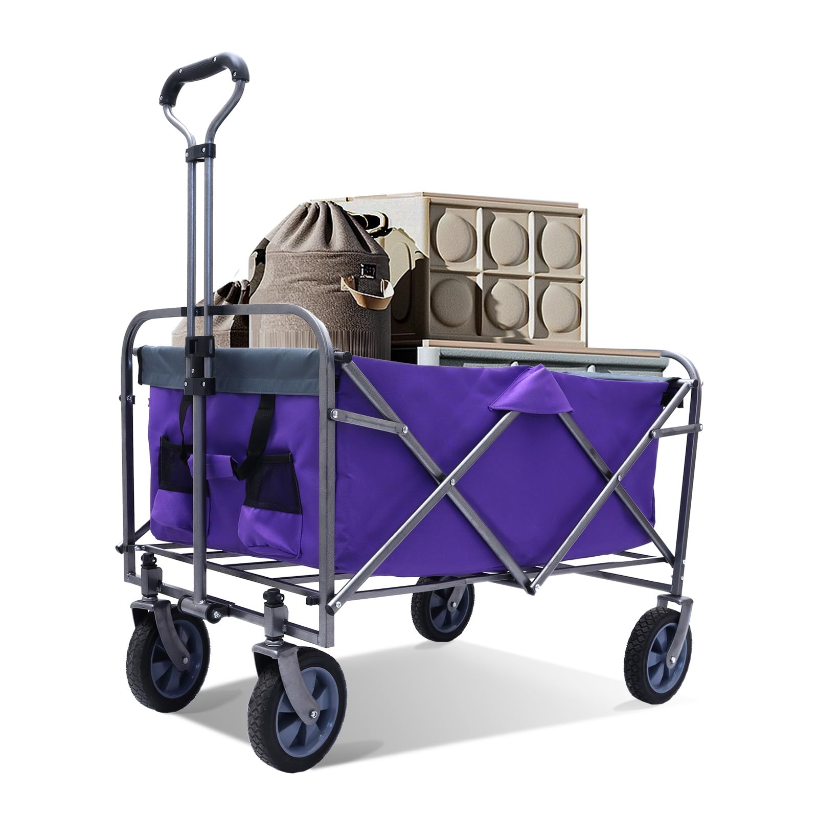 **150 LBS Heavy Duty Collapsible Garden Wagon Cart - Purple Utility Cart with Steel Frame, Adjustable Handle & All-Terrain Wheels - Perfect for Gardening, Camping, Beach Trips, Shopping & Outdoor Adventures**