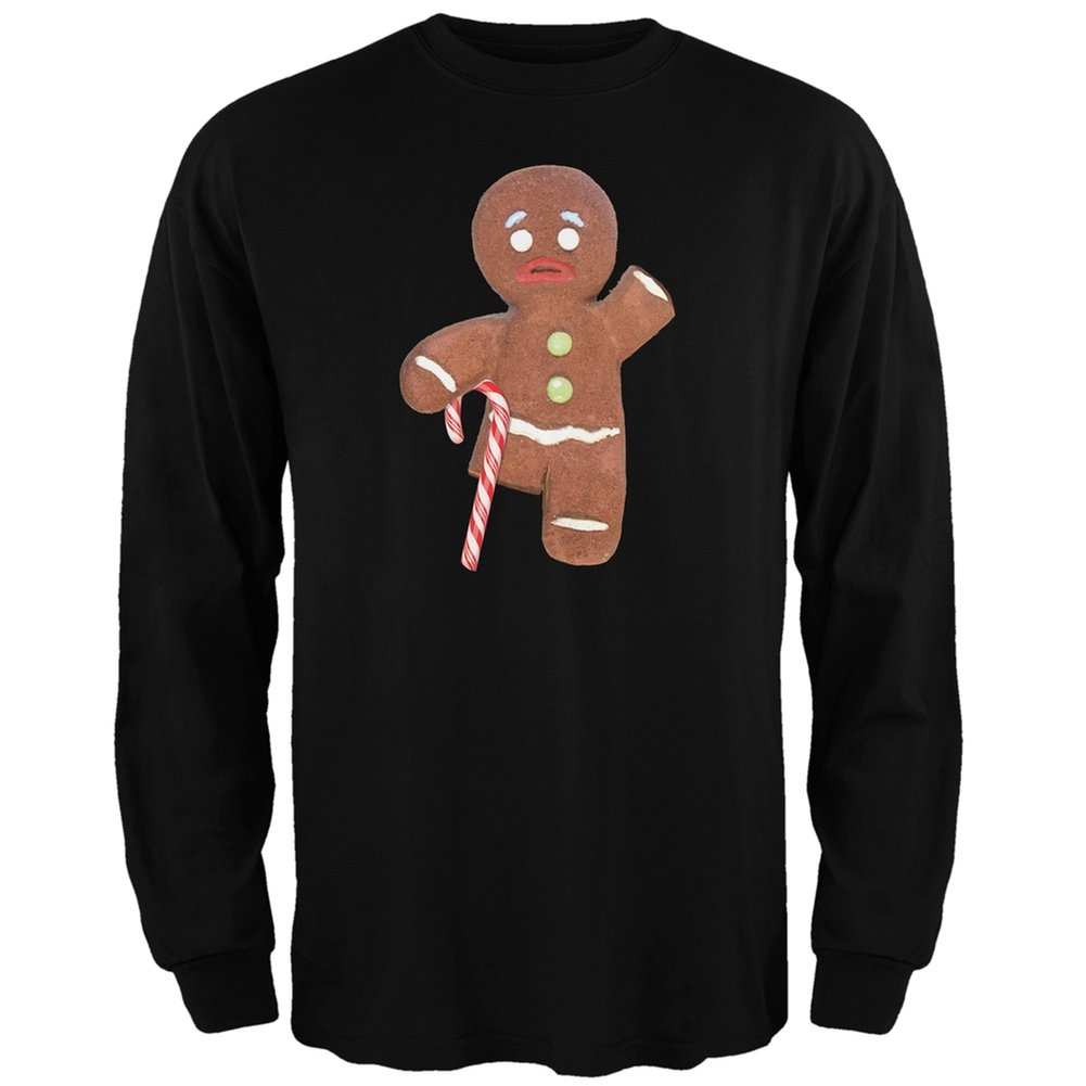 Old Glory Gingerbread Man with Candy Cane Crutch Black Adult Long Sleeve T-Shirt | Christmas Holiday Novelty Graphic Tee for Men & Women | Perfect for Xmas Parties, Gift Exchanges & Festive Outfits