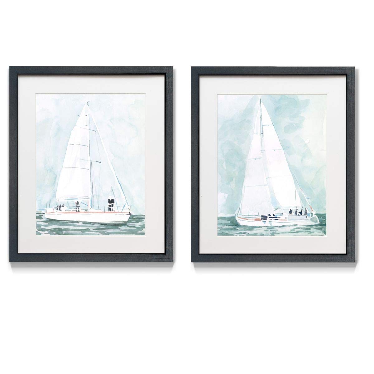 Distressed Black 2-Piece Framed Wall Art Set - Nautical Theme with Coral, Sailboat, Oyster & Ship Designs - Ready to Hang 16x20 Canvas Prints - Perfect for Beach House, Coastal Decor or Living Room Wall Art