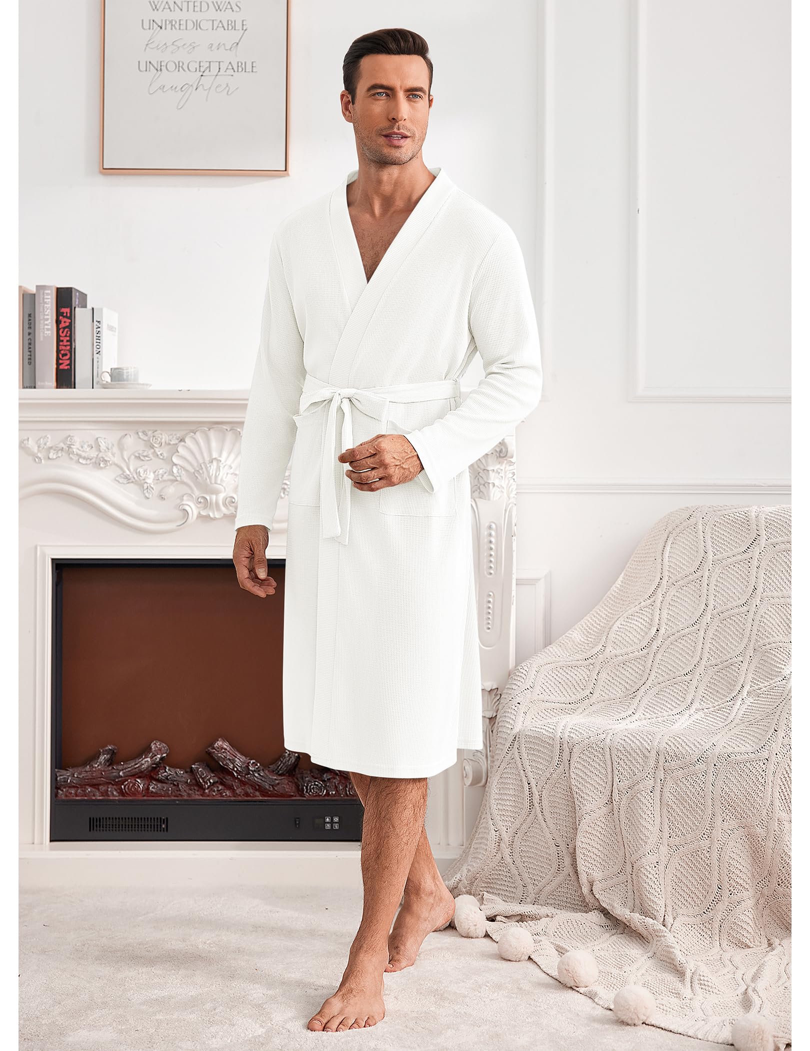 Ekouaer Men's Lightweight Waffle Knit Bathrobe - Soft Kimono Style Spa Robe with Pockets, Long Sleeve V-Neck Shower Robe for Relaxation, Lounge Wear & Sleepwear - Perfect for Home, Spa, and Vacation Use