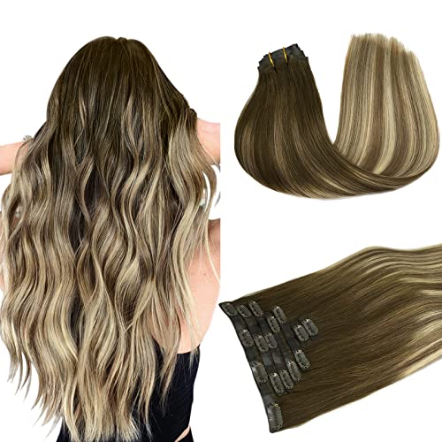 DoORES 18 Inch Seamless Clip-in Human Hair Extensions - 7pcs 110g Remy Straight Hair in Walnut Brown, Ash Brown & Bleach Blonde | Natural Look for Daily Wear, Parties & Special Occasions