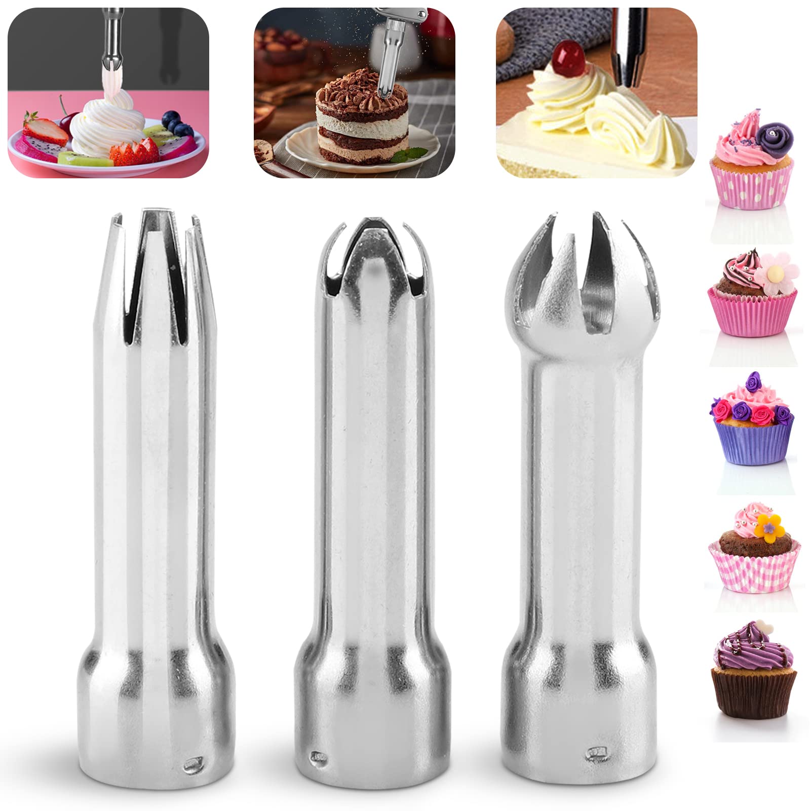 Stainless Steel Whipped Cream Dispenser Tips - 3pcs Cake Decorating Nozzles for Dessert & Pastry Decorating - Durable Whipper Nozzle Replacement Parts for Professional Baking, Home Kitchen, and Party Dessert Making