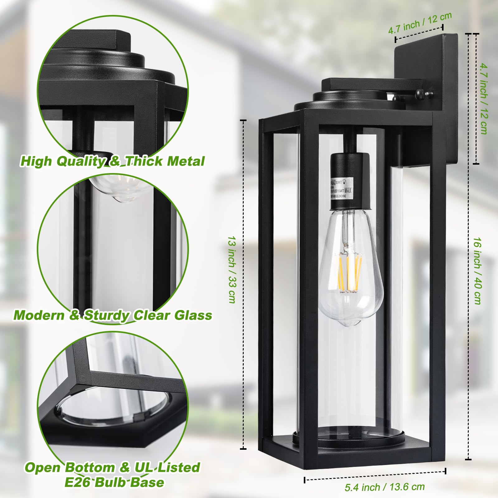 16 Inch Large Outdoor Wall Lights - 2 Pack Modern Black Exterior Light Fixtures with Clear Glass Shade, Waterproof Porch Lighting for House, Farmhouse, Garage & Front Door - Perfect for Patio, Garden & Entryway Lighting