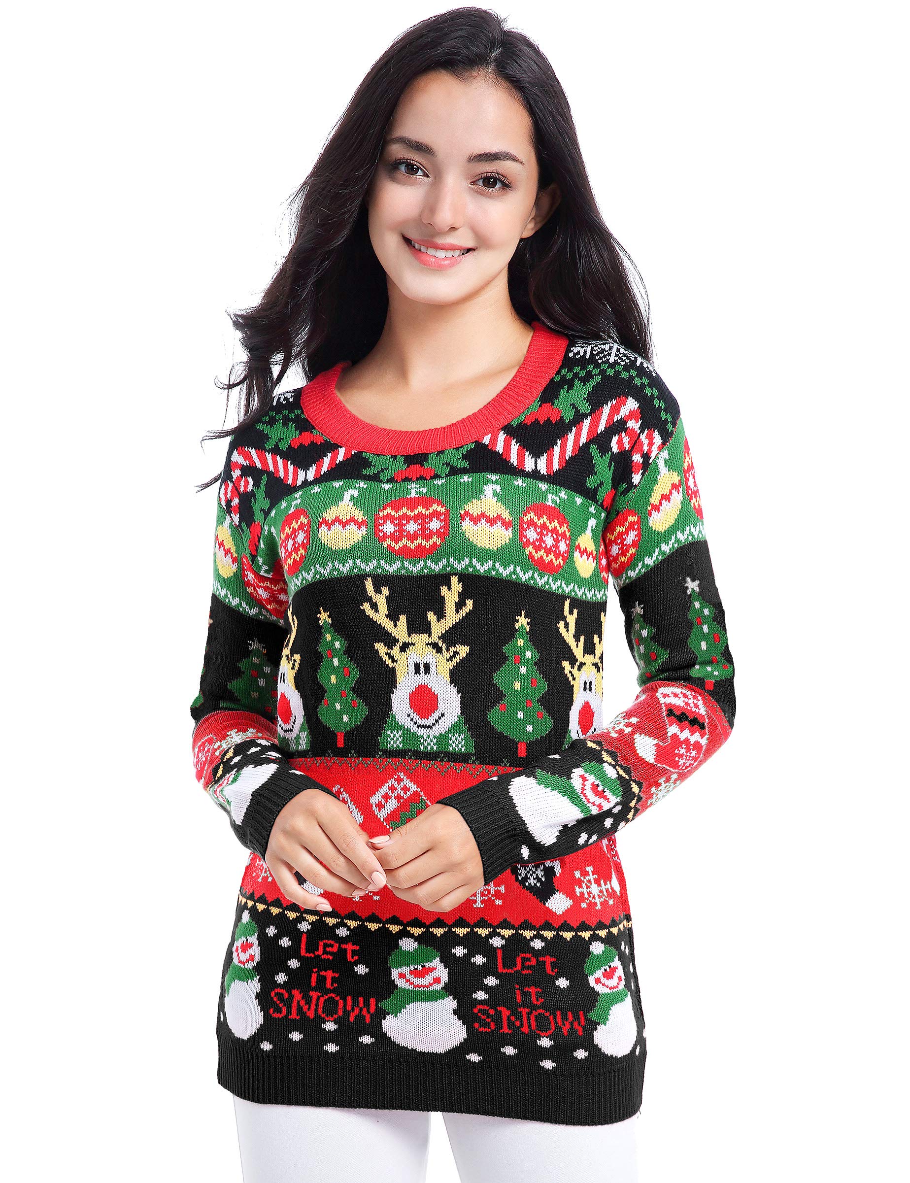V28 Festive Ugly Christmas Sweater for Women - Merry Reindeer Print Knit Pullover | Holiday Party, Family Gathering & Office Christmas Outfit