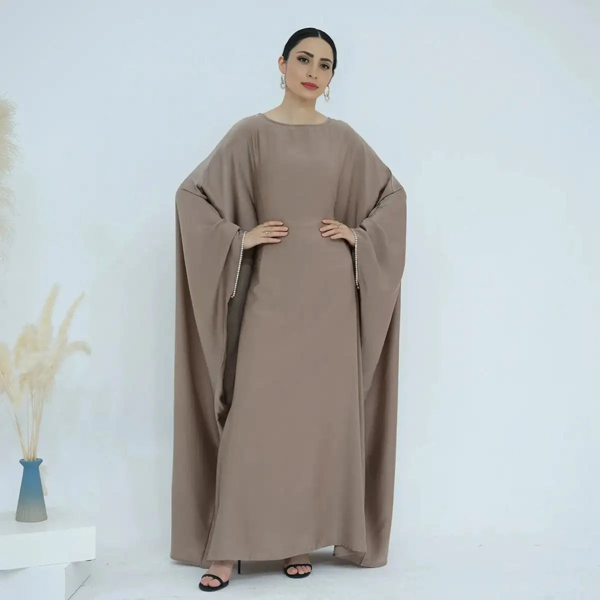 Elegant Beaded Batwing Sleeve Satin Farasha Abaya Dress for Women | Modest Islamic Evening Gown | Perfect for Weddings, Eid Celebrations & Special Occasions