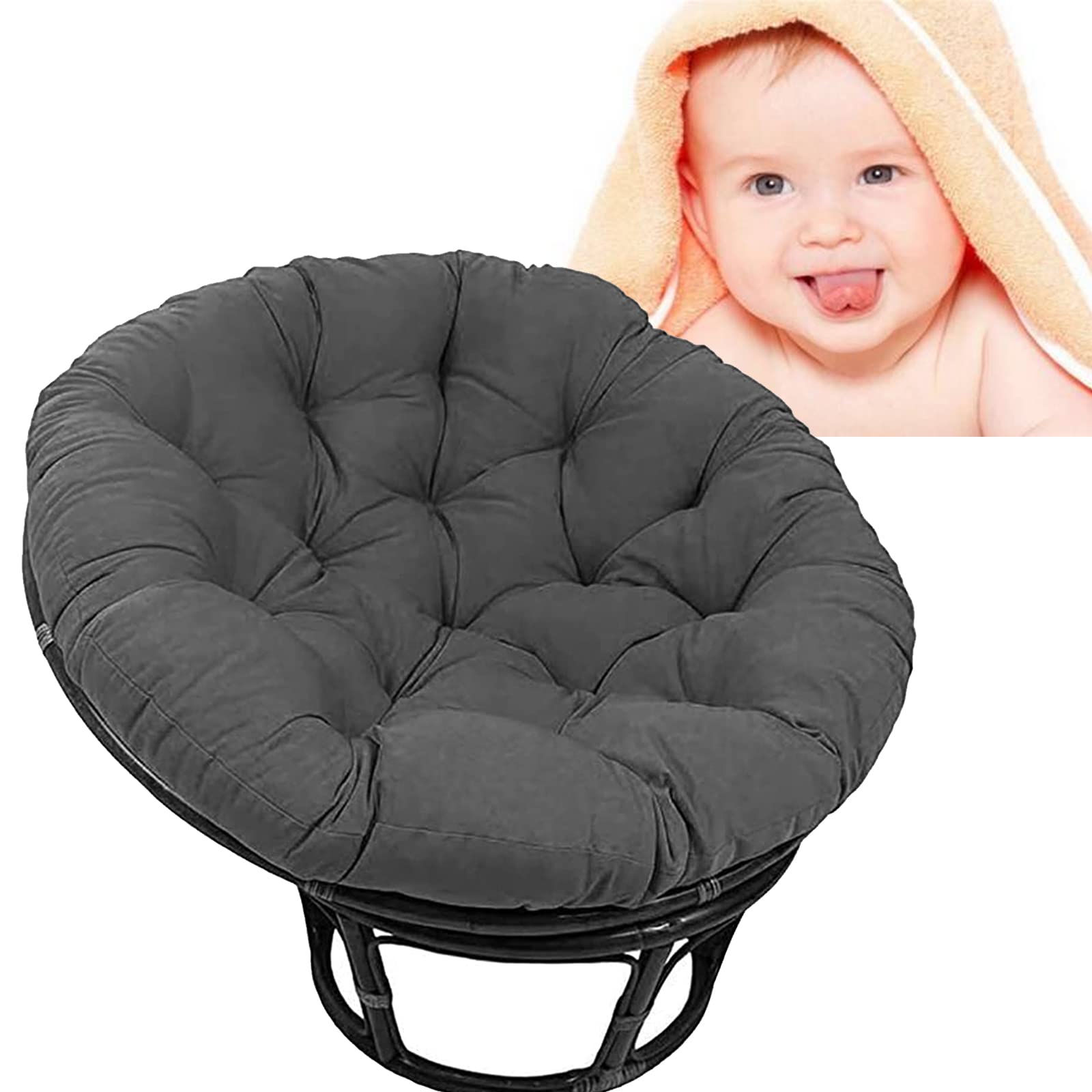 Premium Thick Round Papasan Chair Cushion - Waterproof Outdoor Patio Cushion, Soft Fluffy Overstuffed Egg-Shaped Hammock Swing Chair Pad - Dark Grey (47.24