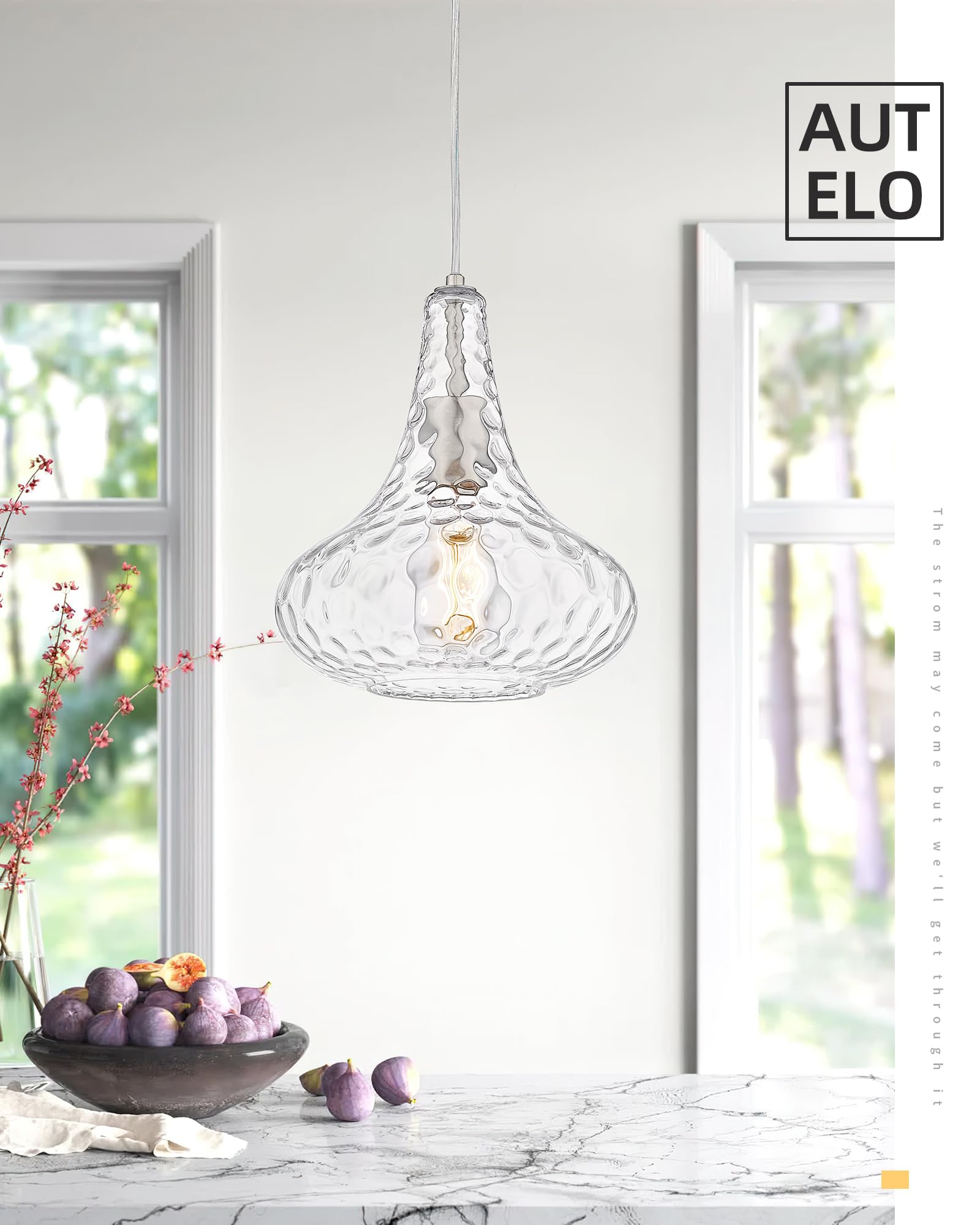 AUTELO Hammered Glass Pendant Light Fixture - Modern Kitchen Island Lighting for Dining Room, Living Room & Bar | Dimmable Hanging Light for Home Decor H9164
