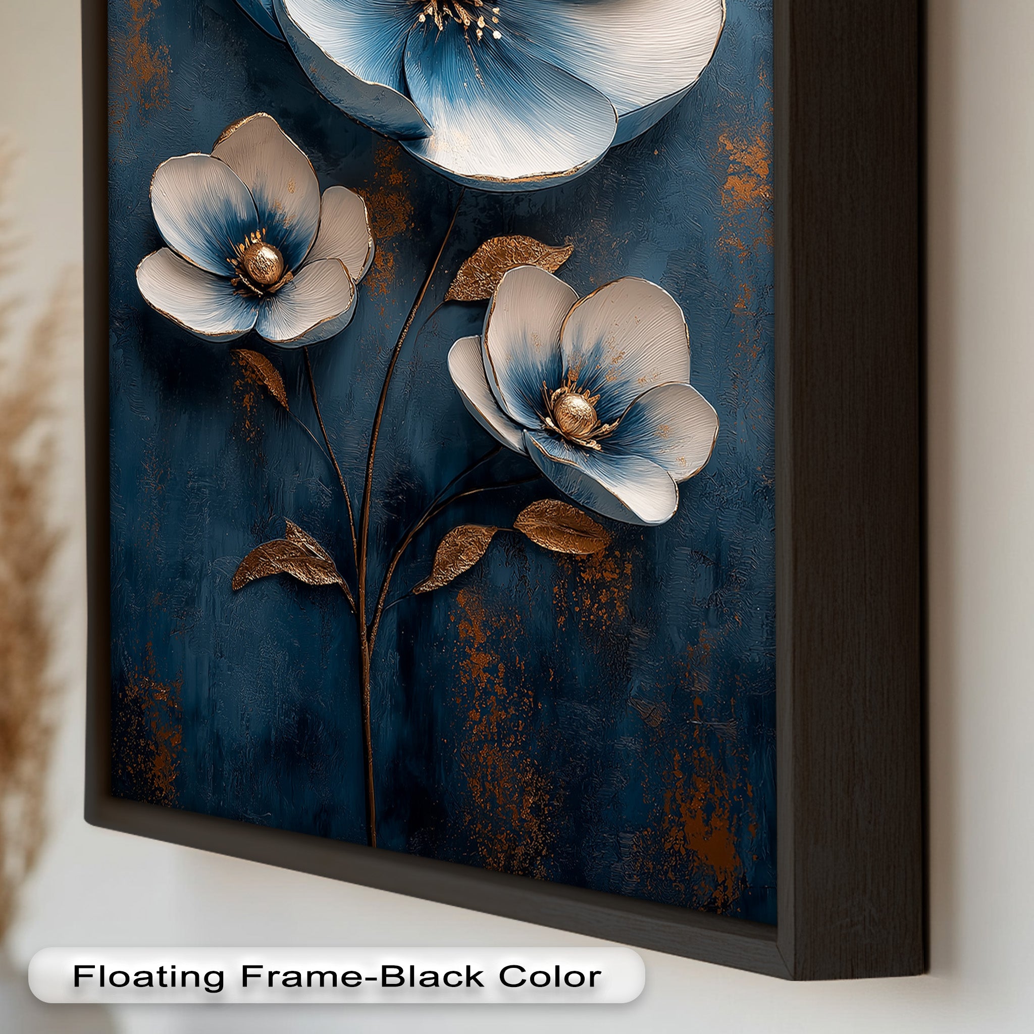 Blue and Gold Flower Modern Oil Painting - Handmade Canvas Wall Art for Living Room, Bedroom & Office Decor