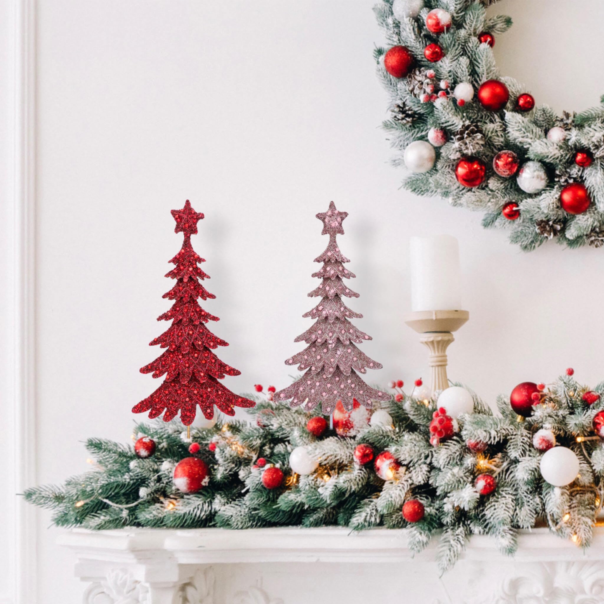 Handmade Beaded Christmas Tree Table Décor with Gold Metal Stand - Elegant Pink Dickens Holiday Tablescape for Mantel, Dining Table, and Festive Home Decor