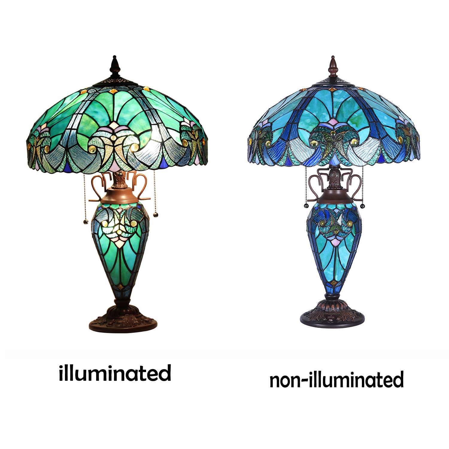 Tiffany Style 16 Inch Stained Glass Table Lamp - Victorian Sea Green Antique Desk Light with Night Light, 3 Bulb Capacity - Perfect for Living Room, Bedroom, and Office Decor
