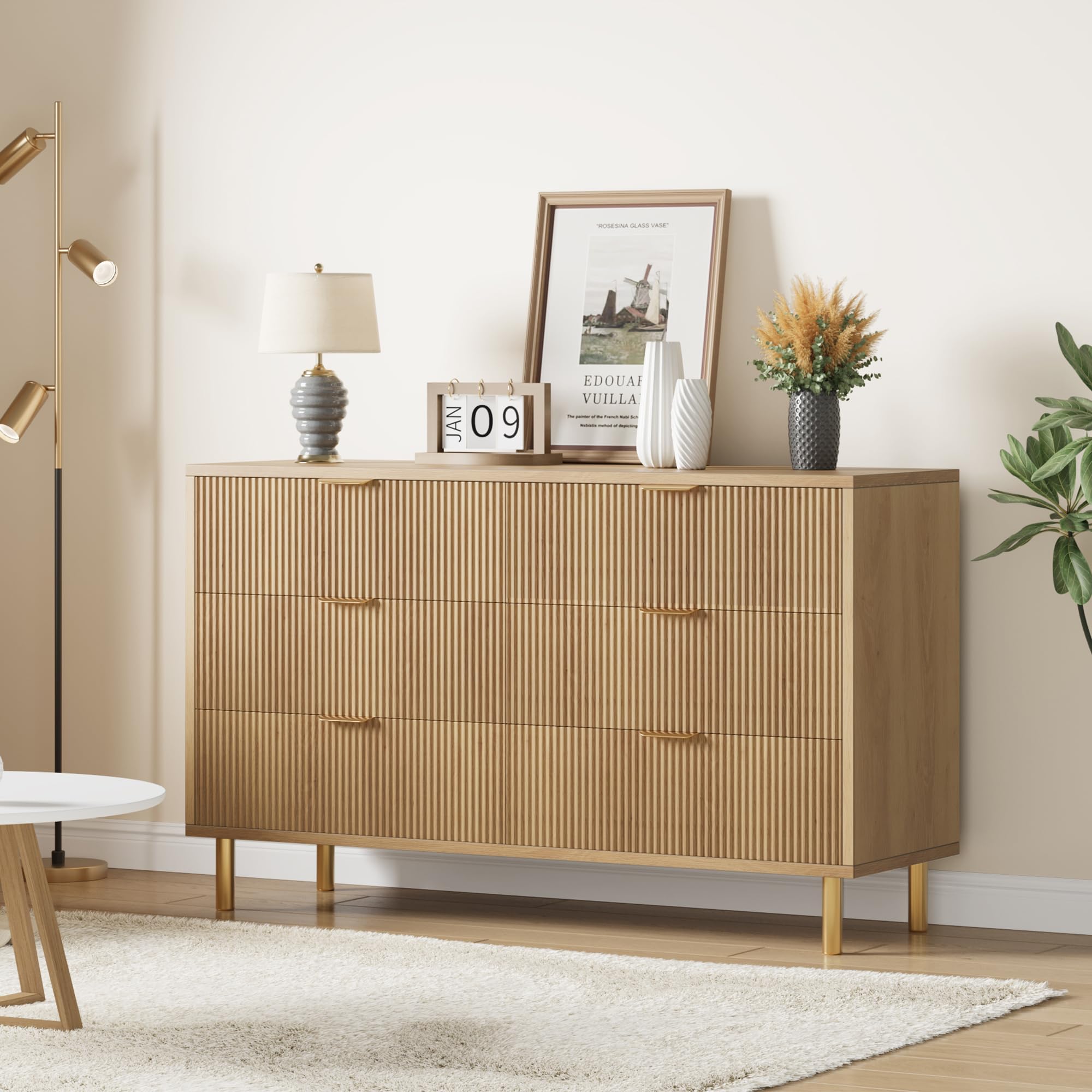 Modern 6-Drawer Wood Dresser with Gold Handles - Natural Finish Double Chest Storage Organizer for Bedroom, Living Room, Hallway & Entryway - Perfect for Home Organization and Stylish Decor