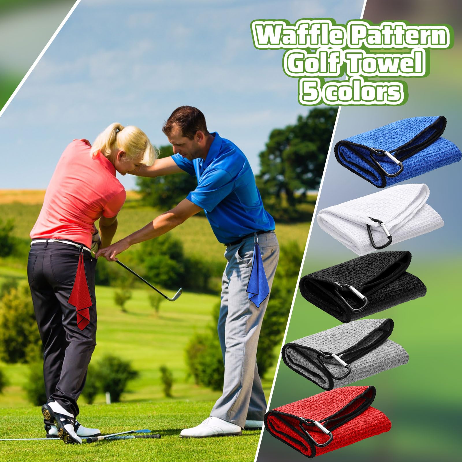 Batiyeer 16'' x 16'' Microfiber Waffle Pattern Golf Towel with Clip - Bulk Pack for Golf Bags, Tournaments, Clubs, Yoga & Fitness - Perfect for Sports, Gym and Outdoor Activities