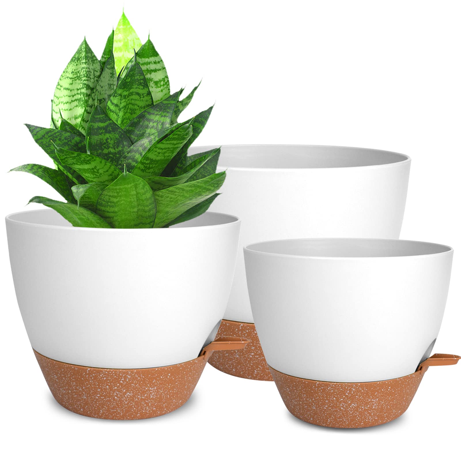 10/9/8 Inch Self-Watering Plastic Planters with Drainage Holes - Indoor/Outdoor Flower Pots for Houseplants, Succulents & Herbs (White) - Perfect for Home Decor, Office Plants & Garden Use