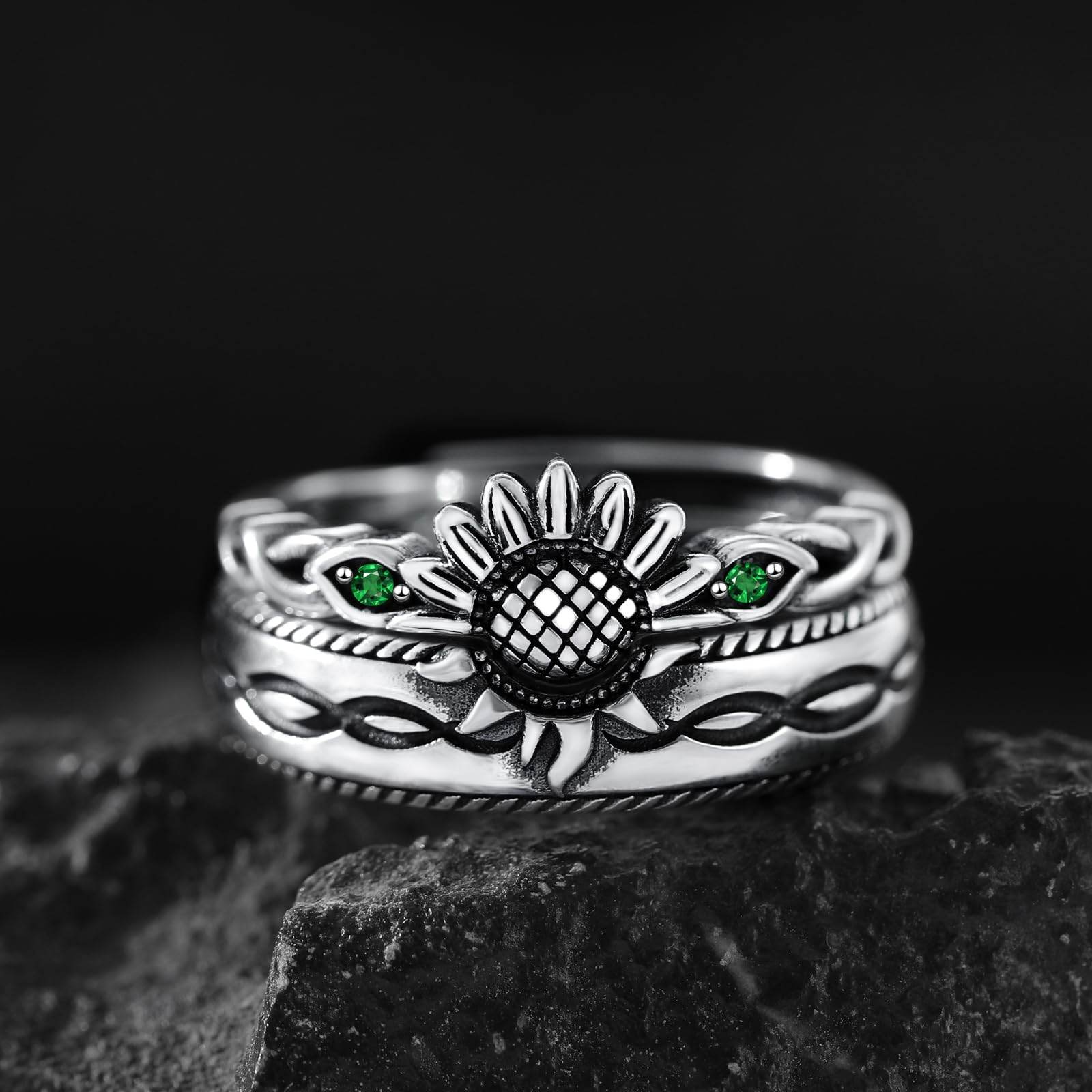 Promise Rings for Couples - Sterling Silver Adjustable Matching Wedding Bands for Him & Her - Emerald Sunflower Engagement Rings - Perfect for Anniversaries, Proposals & Romantic Gifts