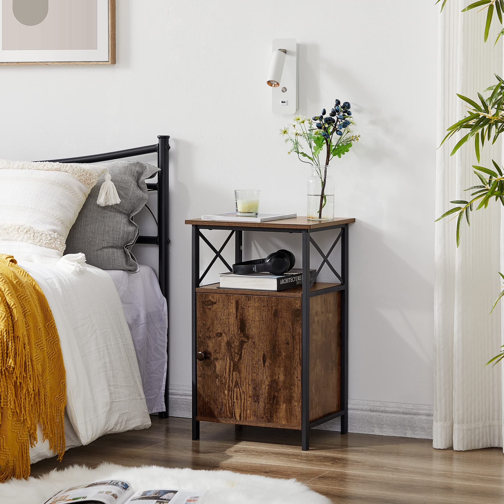 VECELO Modern Nightstand with Storage Shelf & Bin Drawer - Rustic Brown End Table for Bedroom & Living Room (15.7