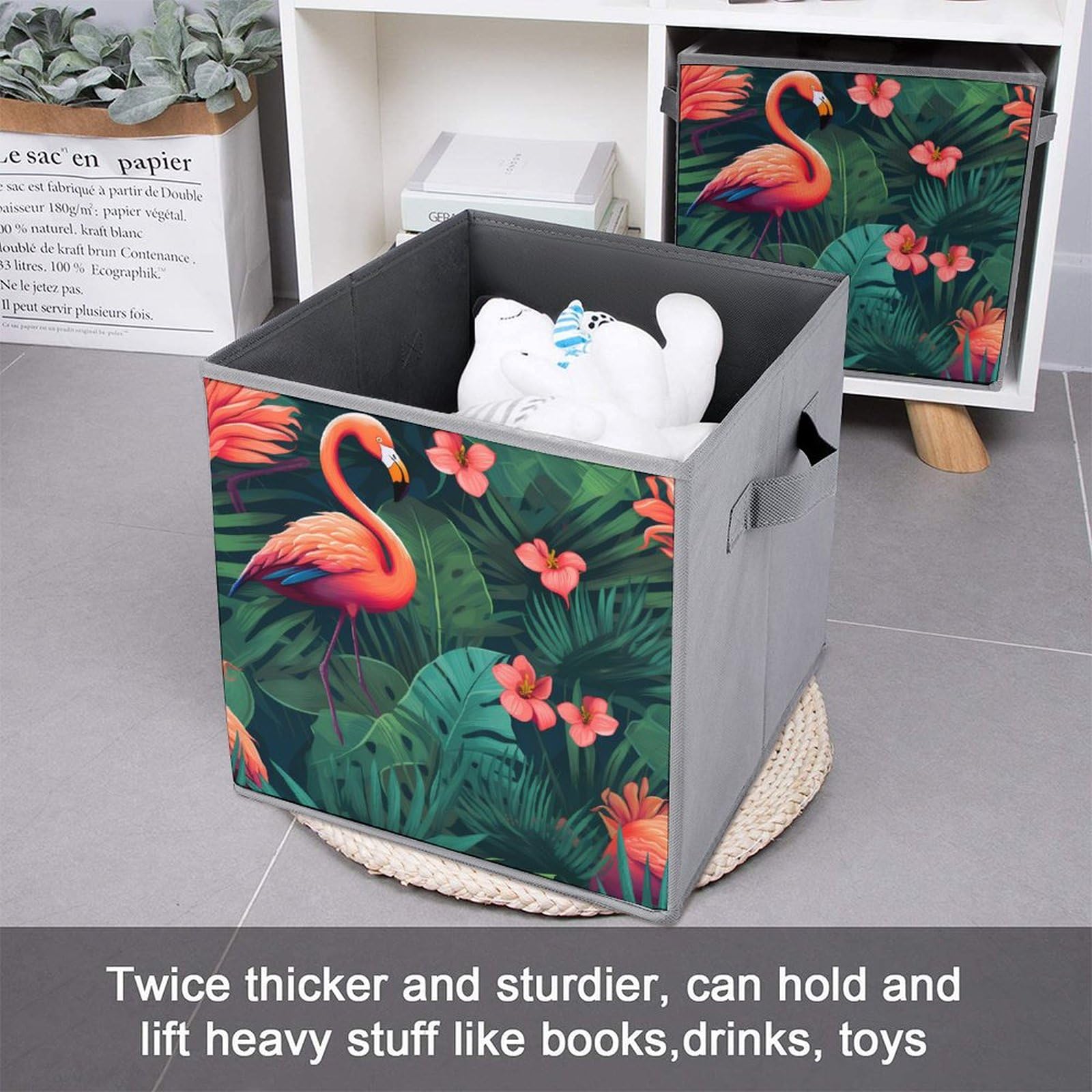 6-Pack Foldable Storage Cubes with Handles - Flamingo Tropical Flower Pattern Square Organizer Bins for Closet, Nursery, or Office Organization | Space-Saving Home Decor
