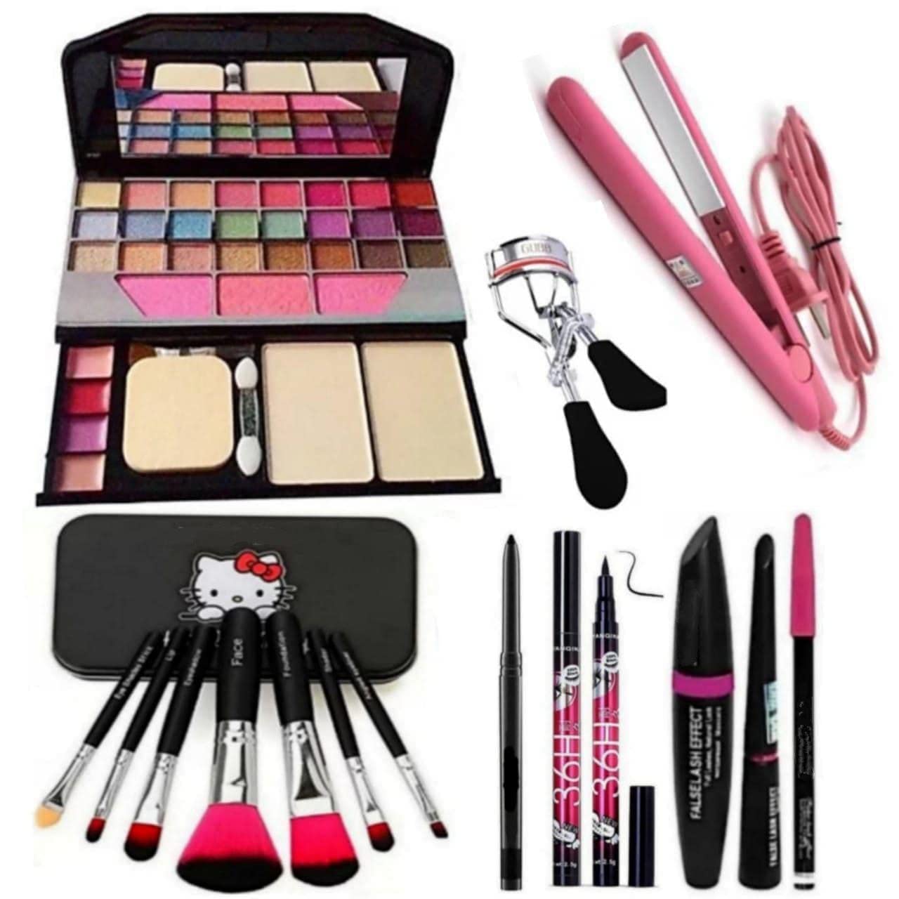 BELLAS TYA 6155 Professional 15-Piece Makeup Kit with 7 Brushes, 36H Eyeliner, 3-in-1 Eyeliner Mascara Eyebrow Pencil, Kajal, Eyelash Curler & Hair Straightener - Perfect for Travel, Bridal & Everyday Makeup Looks