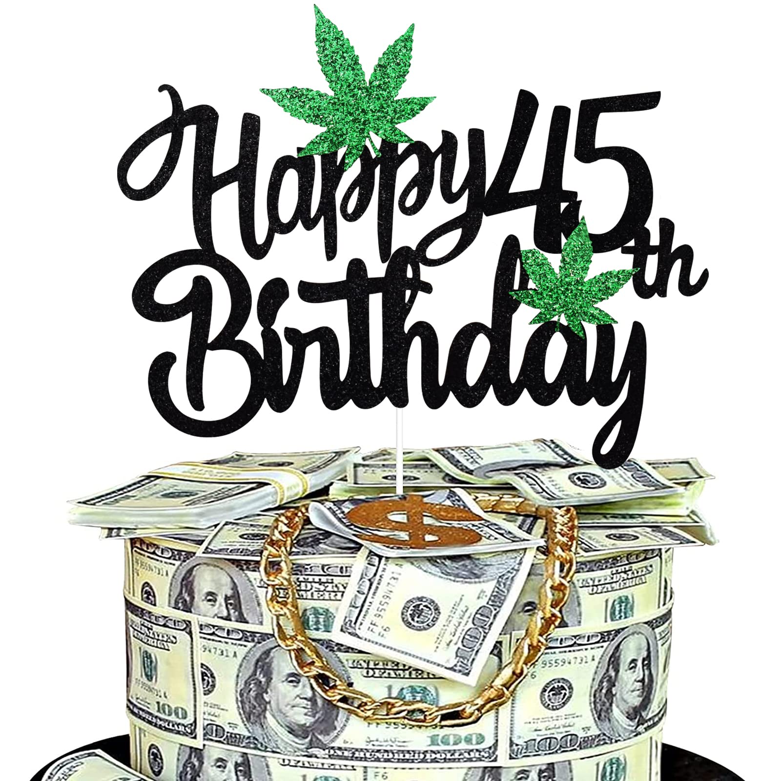45th Birthday Cake Topper with Glitter Pot Leaf Design - Weed Leaf Marijuana Party Decoration for 420 Celebrations - Perfect for Stoner Birthday Parties & Cannabis-Themed Events