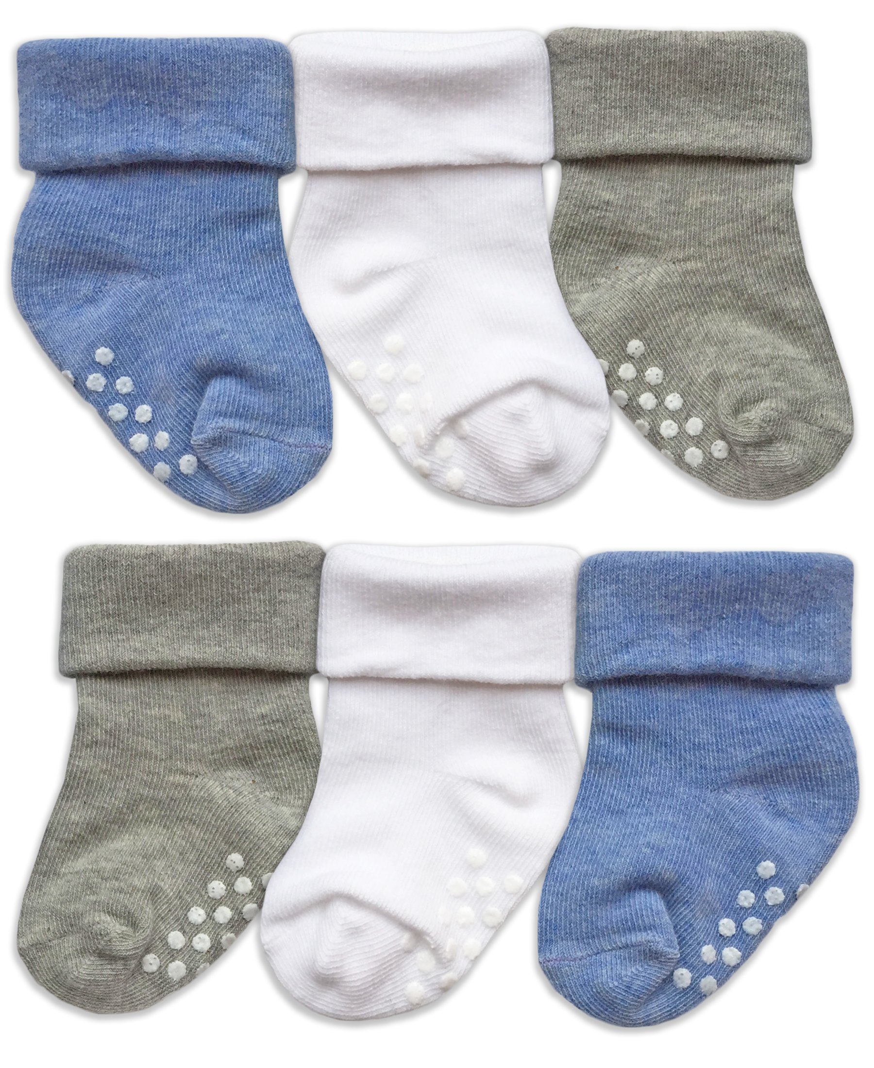 Jefferies Non-Slip Baby Socks for Boys & Girls - 6 Pairs Soft Cotton Toddler Socks with Turn Cuff - Perfect for Crawling, Walking & Everyday Play
