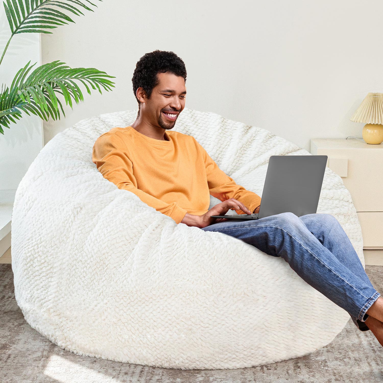 MAXYOYO Velvet Bean Bag Bed with Faux Fur Removable Cover - Convertible Bean Bag Chair to Bed for Living Room & Bedroom (Beige) - Perfect for Lounging, Gaming & Small Space Living