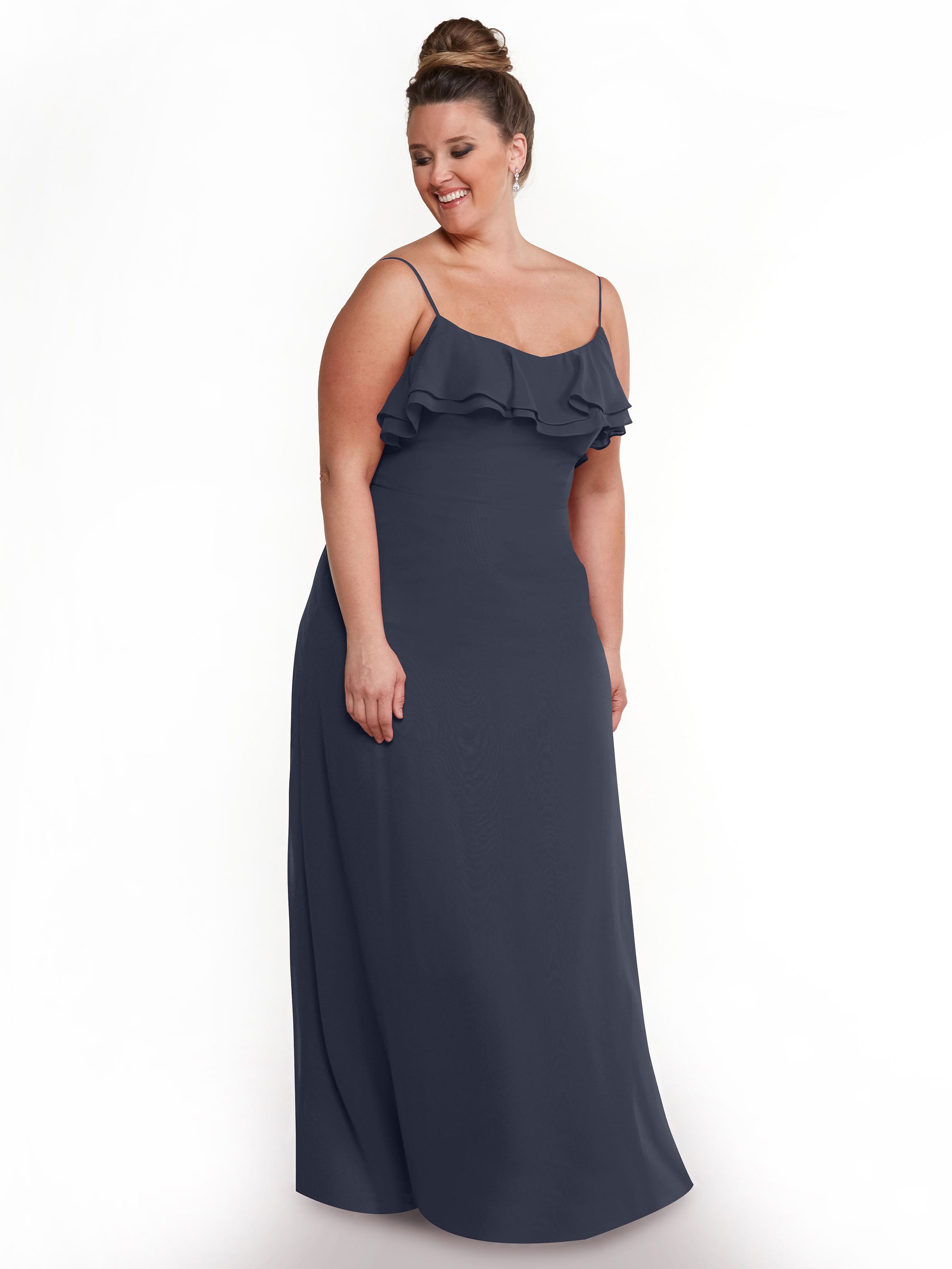 Elegant 80146 Chiffon Bridesmaid Dress with Ruffled Neckline - Perfect for Weddings, Formal Events & Special Occasions