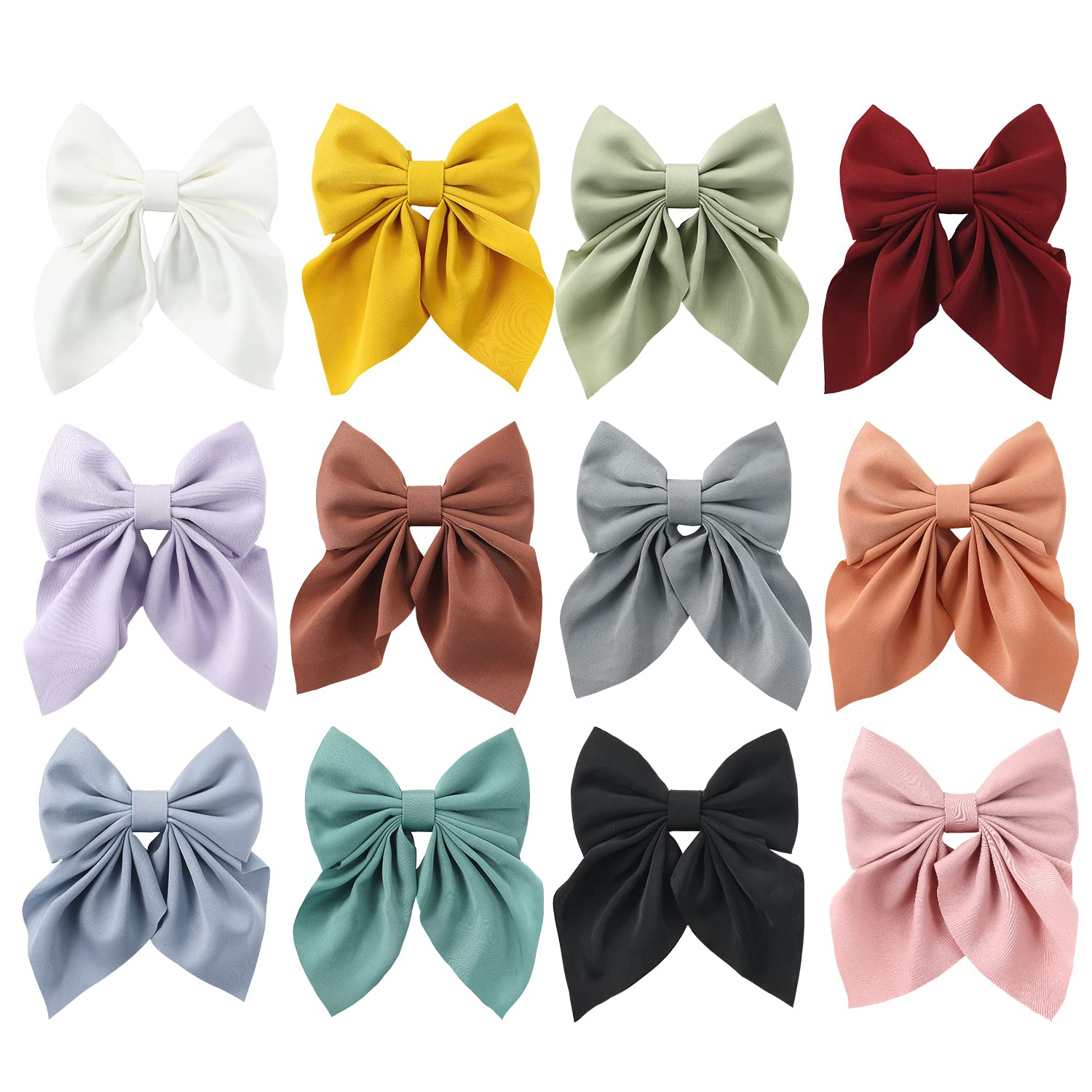 12 Pack Solid Color Big Ponytail Bow Alligator Hair Clips - Duckbill Barrettes Hair Accessories for Baby Girls, Toddlers, Kids, Teens & Women | Perfect for School, Parties, Weddings & Daily Styling