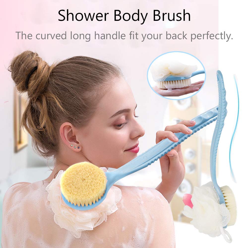 2 in 1 Bath Body Brush with Soft Loofah & Bristles - Long Handle Back Scrubber for Wet/Dry Use - Exfoliating Shower Brush for Women & Men - Perfect for Body, Face & Spa Care - Ideal for Deep Cleansing & Relaxing Bath Time
