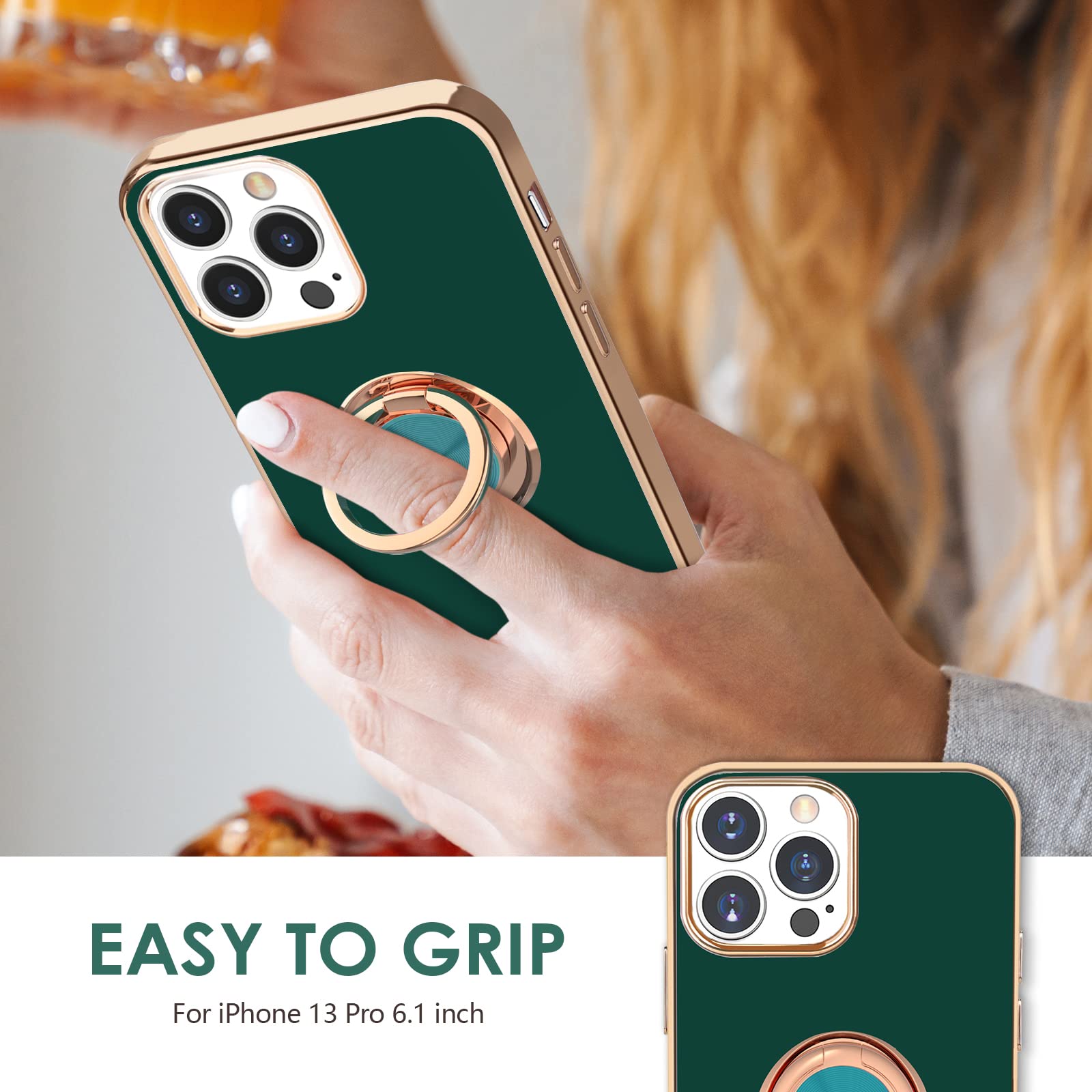 Hython Magnetic Phone Case for iPhone 13 Pro - 360° Rotatable Ring Stand with Kickstand, Rose Gold Plated Edge, Slim Flexible TPU Cover (Green) - Perfect for Hands-Free Viewing, Car Mounting & Everyday Protection
