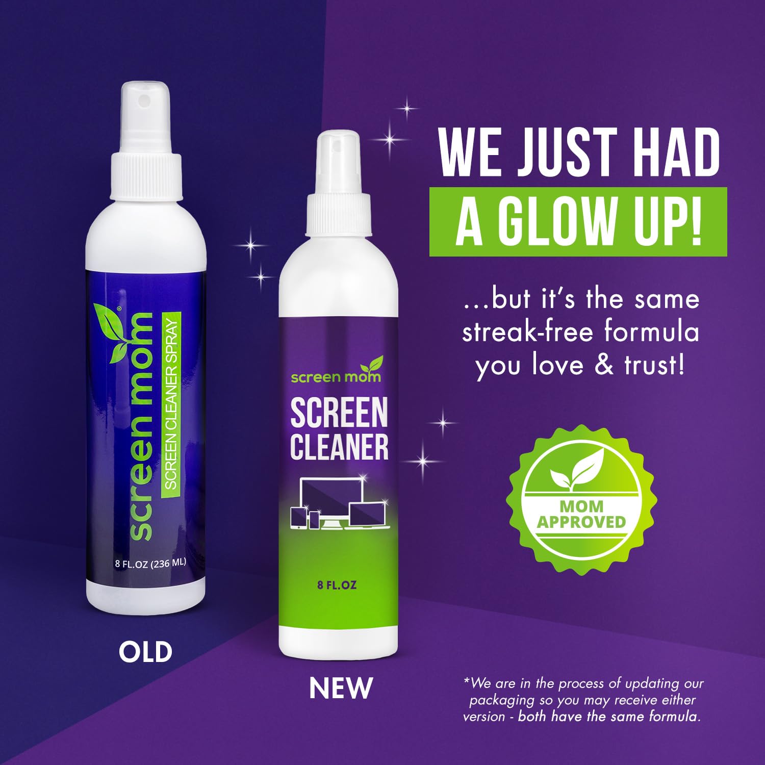 Screen Mom Screen Cleaner Spray Kit - 8oz & 2oz with 4 Microfiber Cloths | Safe for Eyeglasses, Monitors, Electronics & Car Screens | Streak-Free Cleaning for Phones, Laptops, TVs & More