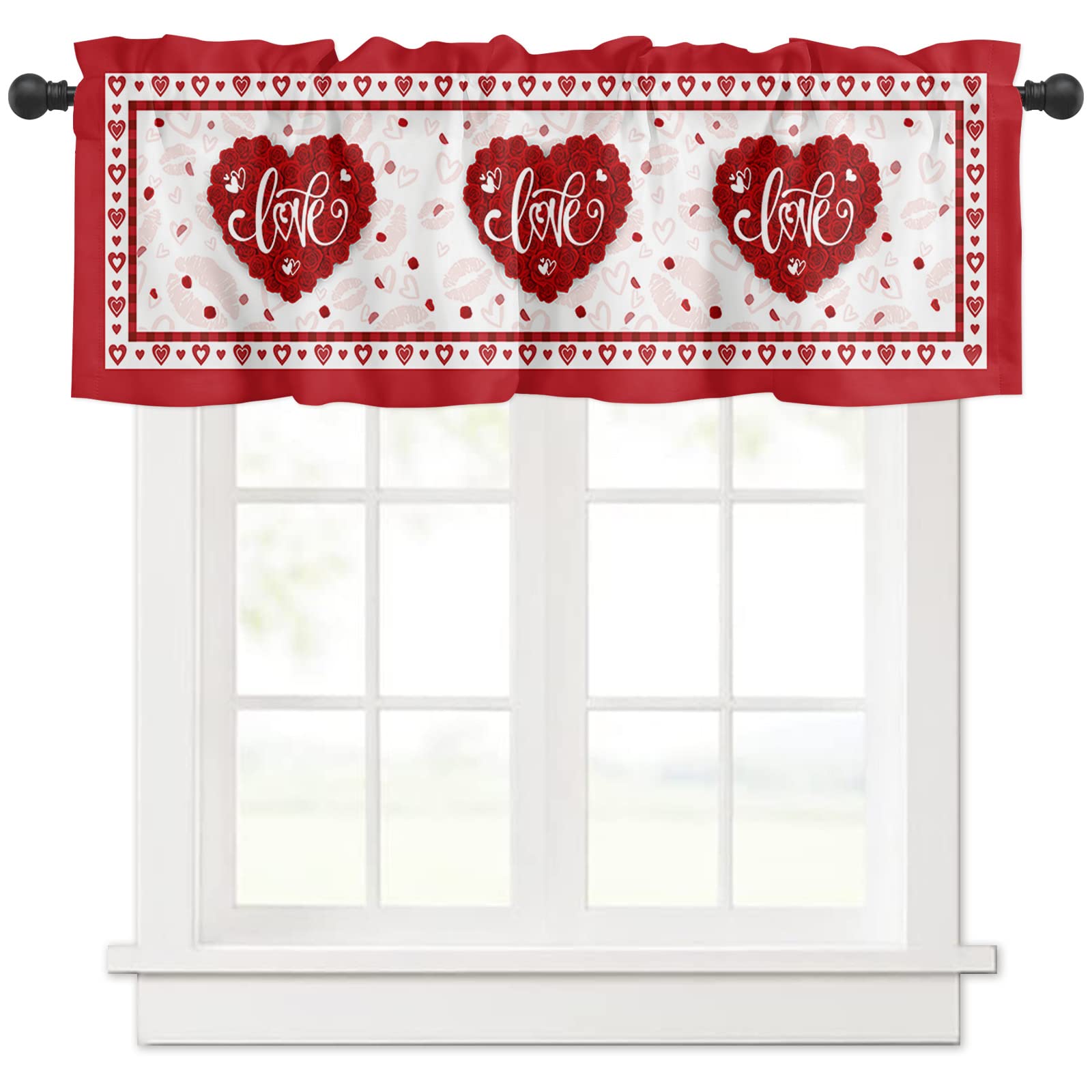Valentine's Day Red Roses Window Valance - Romantic Love Heart Design with Sexy Red Lips Background - 54